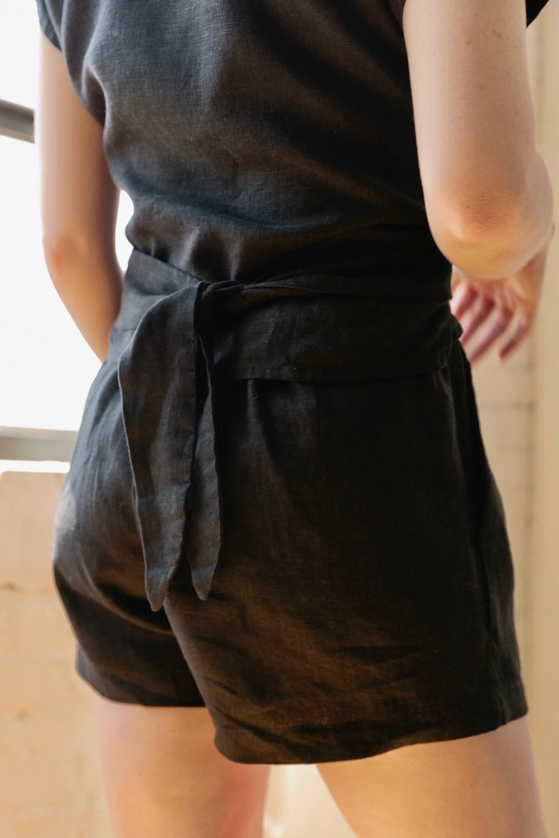 Tie Top and Puff Shorts in black linen