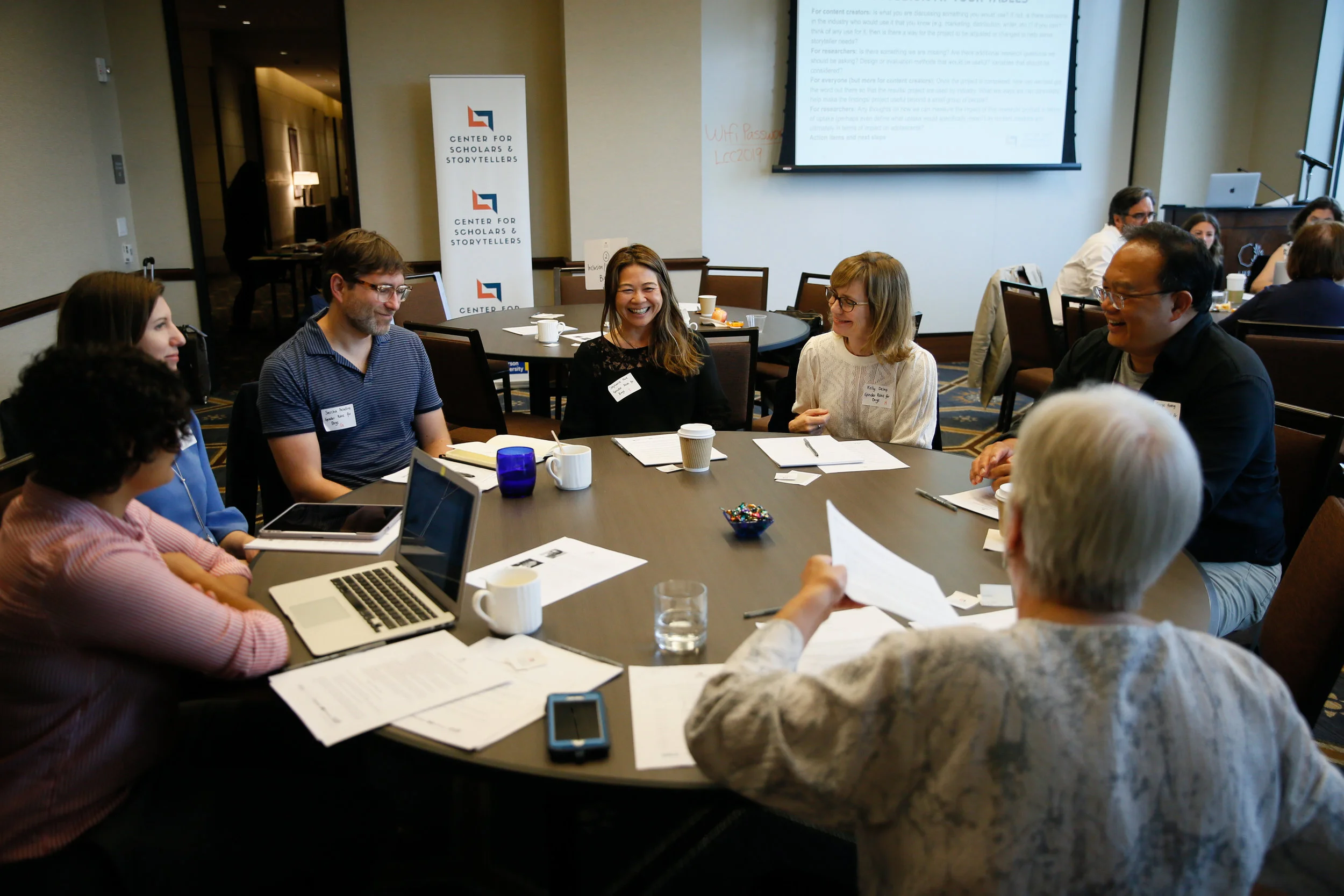 Group discussion on gender roles for boys with Writer and producer Sascha Paladino (left), independent producer Stefanie Huie (center left), Vice President, Standards & Practices at Disney ABC Television Group Kelly Delap (center right), and Professor at UCLA, screenwriter and director George Huang (right).