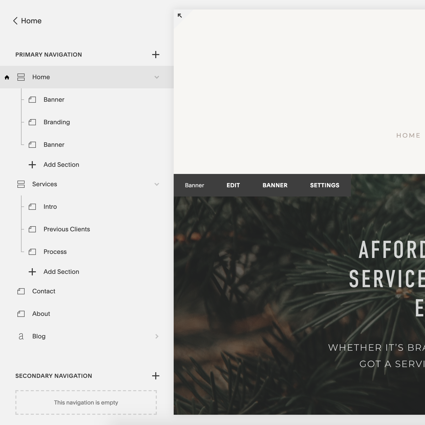 Here’s a view of the left menu section, when I’m in the Pages section of the main menu.