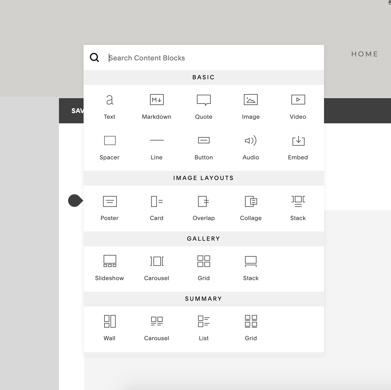 Once you’re on a page, and you’re ready to add Content Blocks (like text, images, products, etc.), simply hover over the page area to reveal input area pointers, and click to open this Content Block Option overlay.