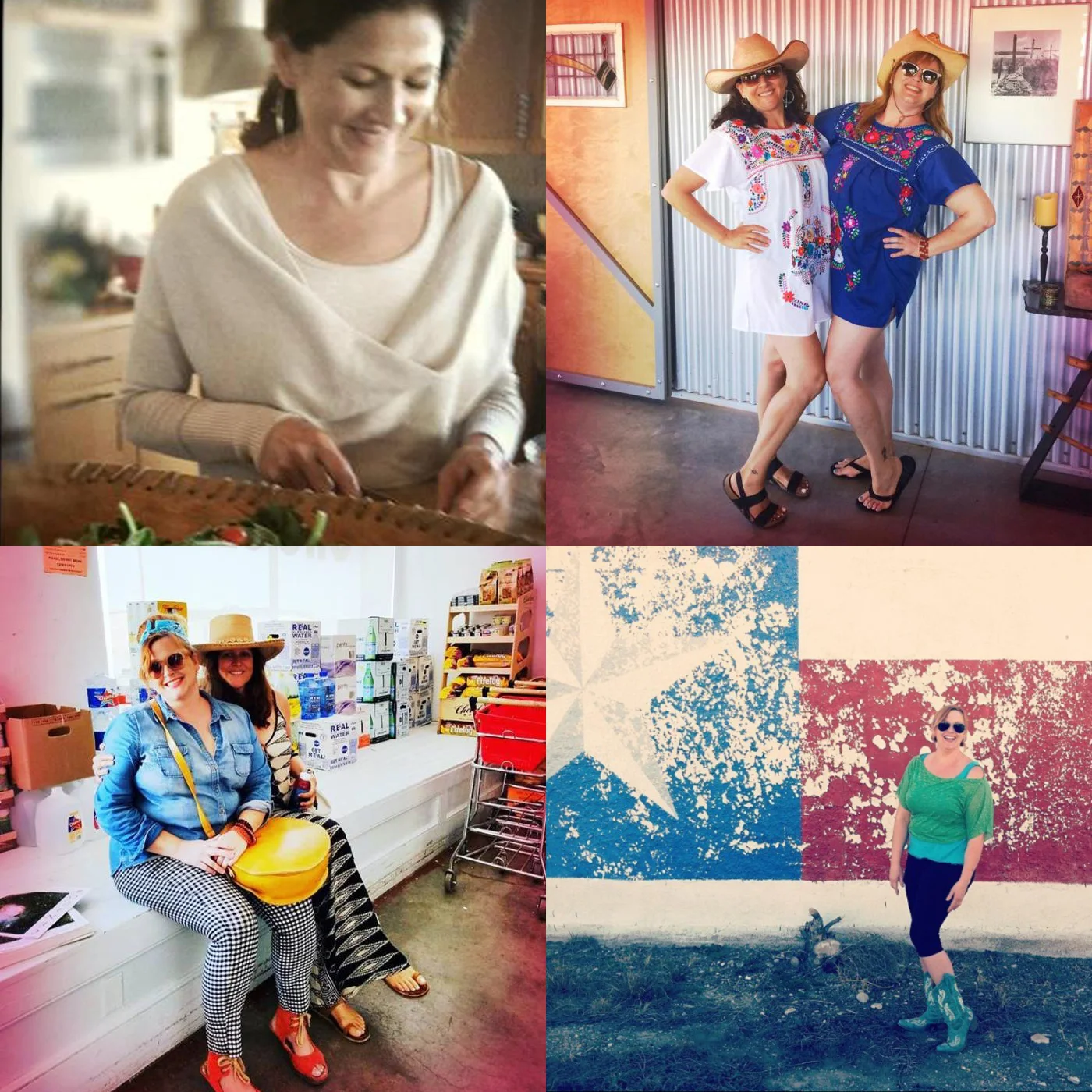 From Top Left (clockwise): Wilma cooking her amazing food, Wilma &amp; Sarah twinning for Balmorhea, Sarah in West Texas Yoga Chic, Sarah &amp; Wilma out on the town in Marfa