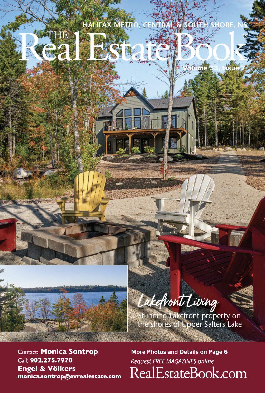 front cover of a real estate magazine with an outdoor fireplace in the foreground and a 2-story home in the background.