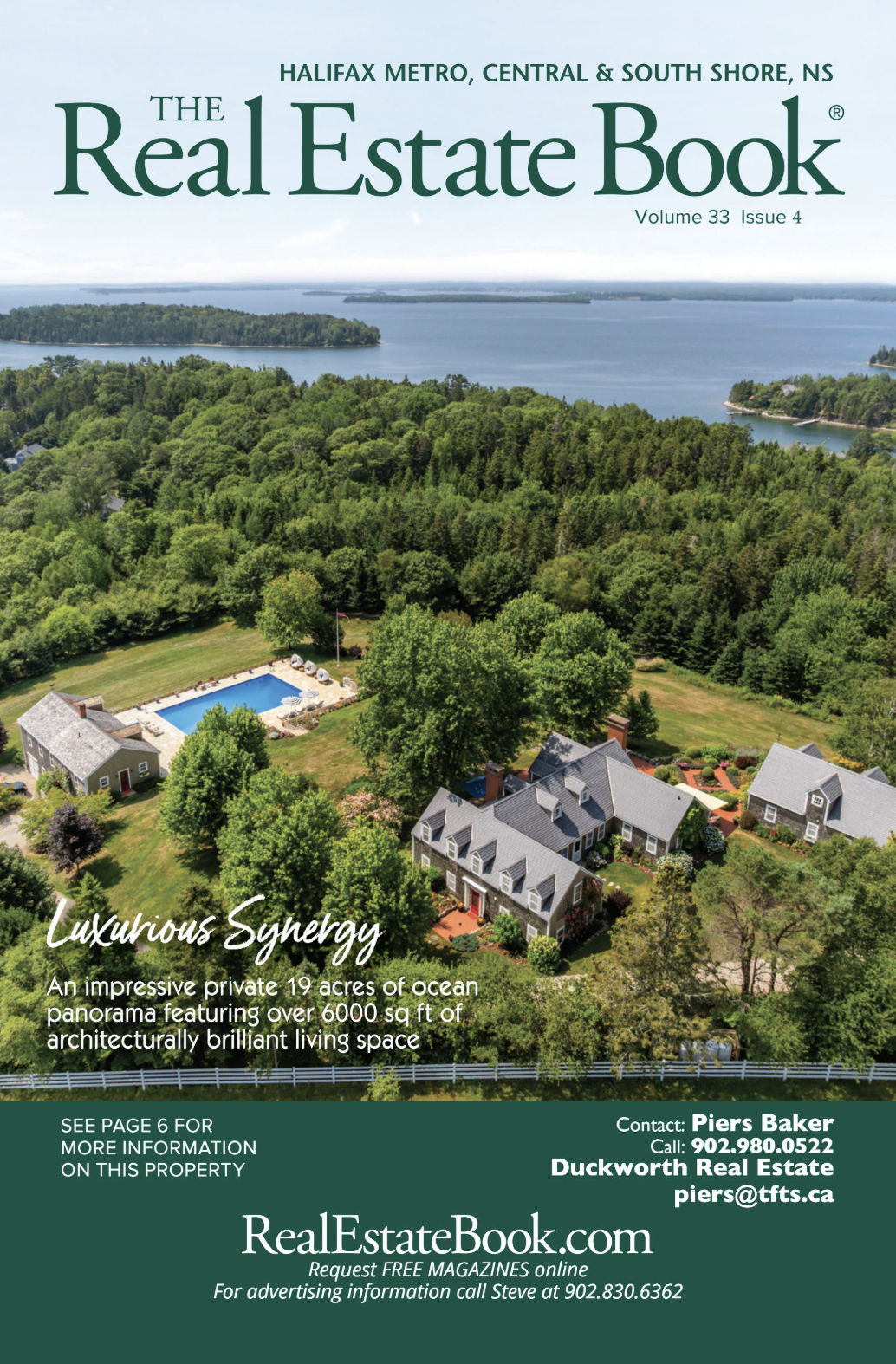 Front cover of a real estate magazine featuring an arial view of a large home near the ocean.