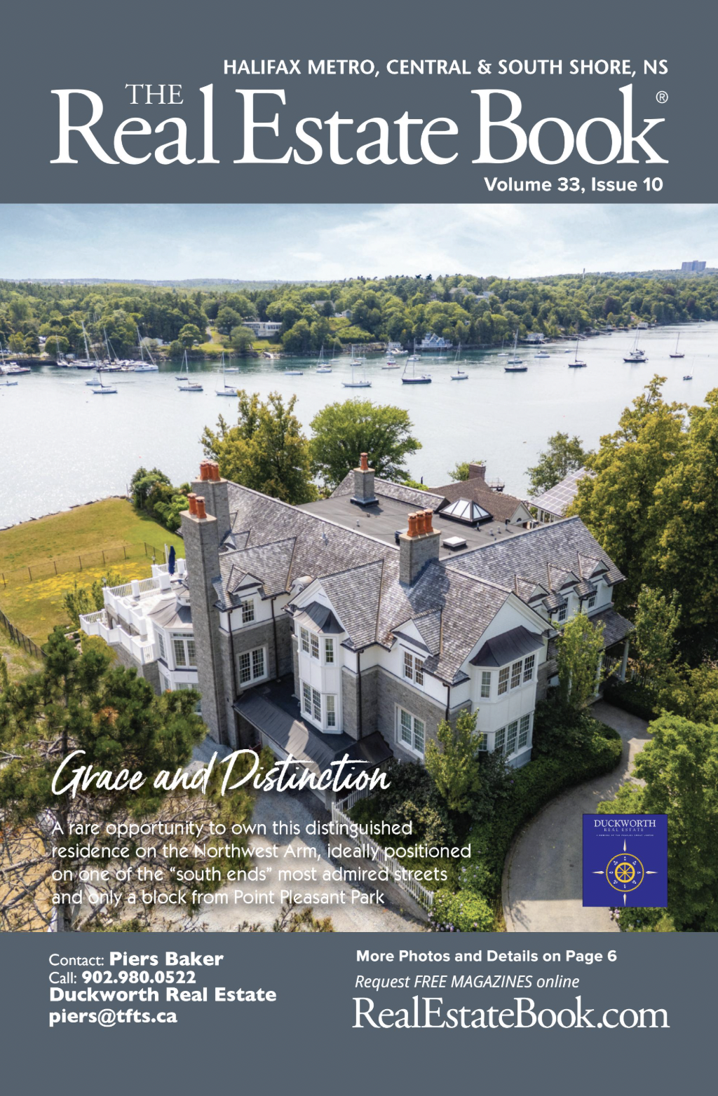 Front cover of a real estate magazine featuring a mansion on a harbour with sail boats in the background.