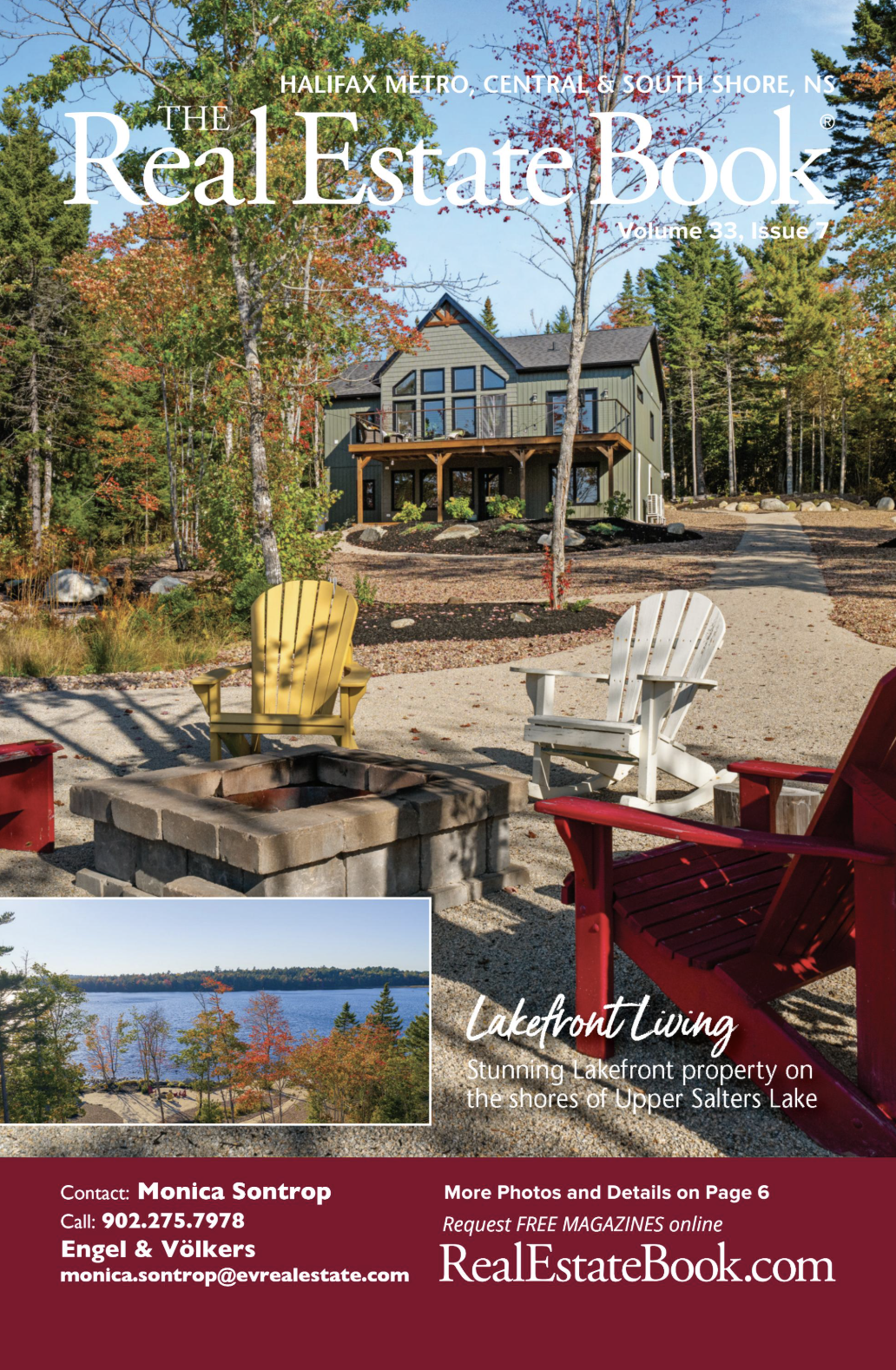 Front cover of a real estate magazine with a 2-story home in the woods with chairs around a fire pit.