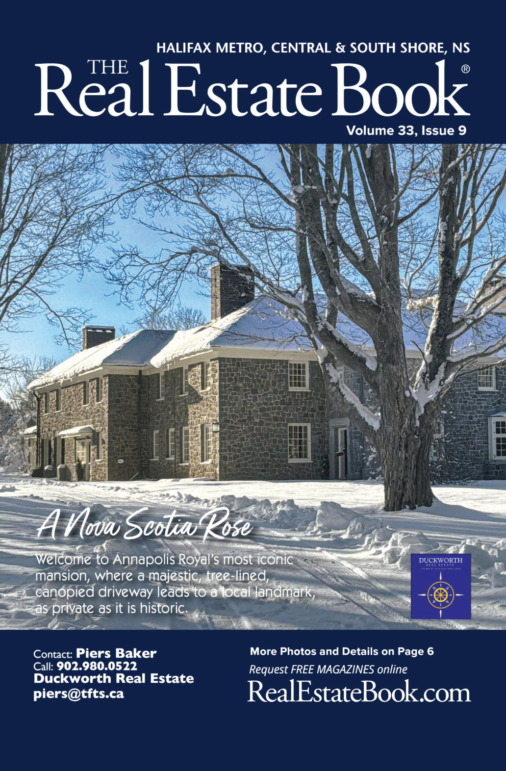 Front cover of a real estate magazine with a large, snow-covered stone home.