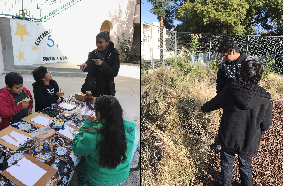 ee360 intern, Joanna Ruacho and Greenhouse student, Kevin Mendizibal, engage with the younger students at Esperanza Elementary