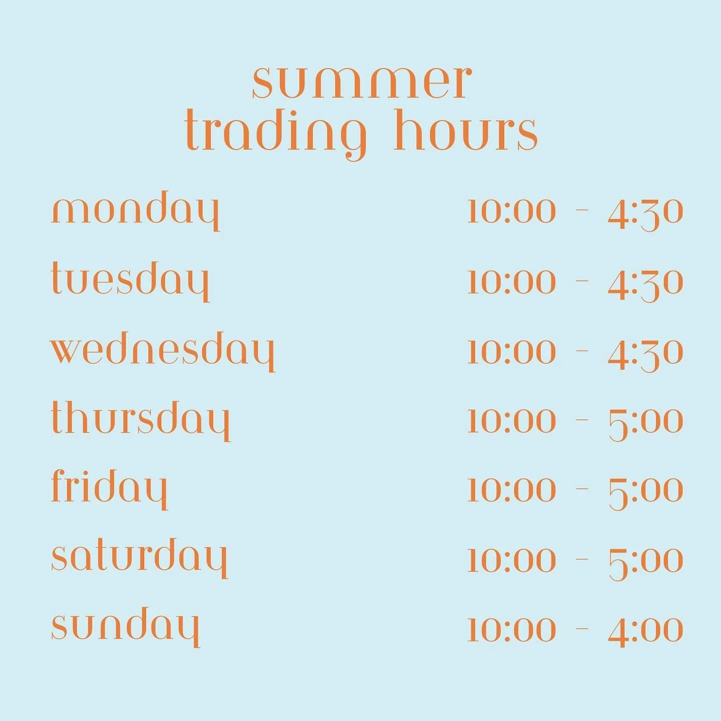 🌞 UPDATED SUMMER TRADING HOURS 🌞
Monday - Wednesday 10:00 - 4:30
Thursday - Saturday 10:00 - 5:00
Sunday 10:00 - 4:00
See you there 🥰