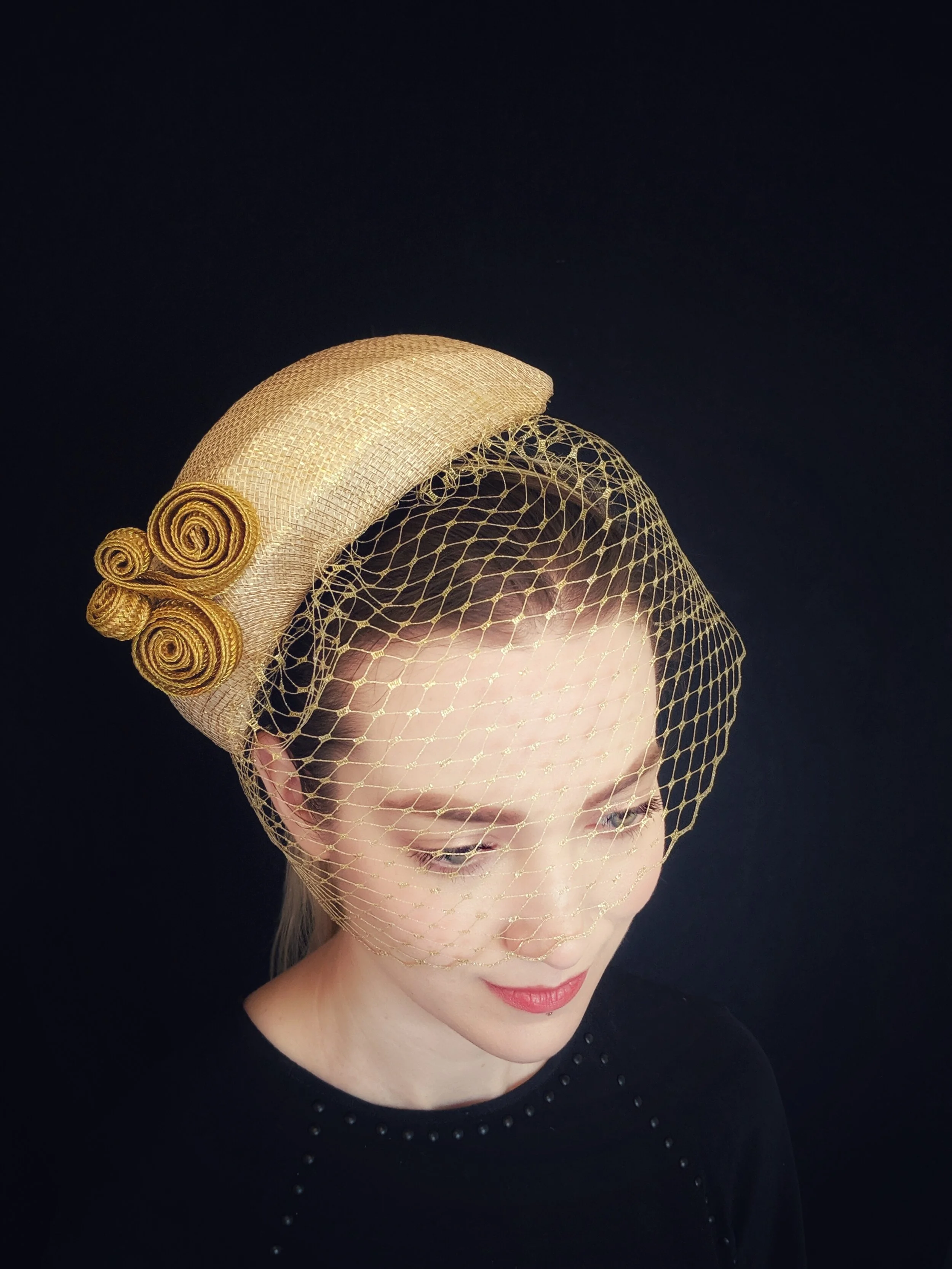 “Goldie” head piece with metallic birdcage.