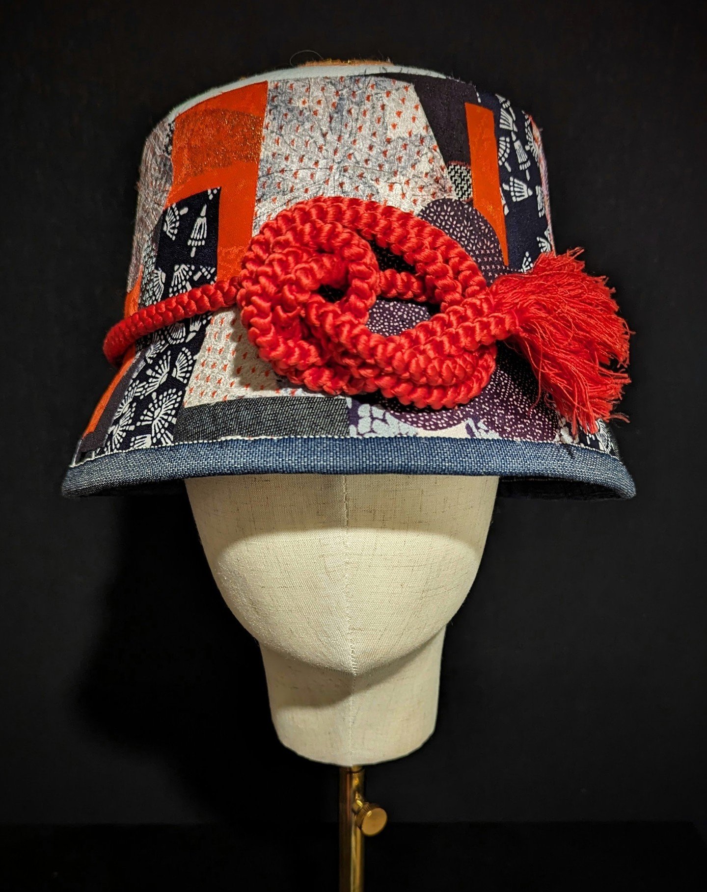 A look back on my new bucket designs from earlier this year. This one was a part of my June exhibition. I made two using traditional and Japanese Sashiko embroidery techniques using vintage silk kimono fabric swatches. My goal was to create new hats 