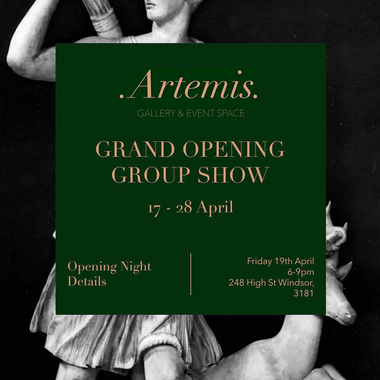 Artemis Gallery
&ldquo;Grand Opening Show&rdquo;

Opening Night on 19th April 
6 - 9pm 

Come check this amazing new space taking off!! 

Joining a group show of a new gallery opening up, I will be attending the opening night. Hope to see you there!
