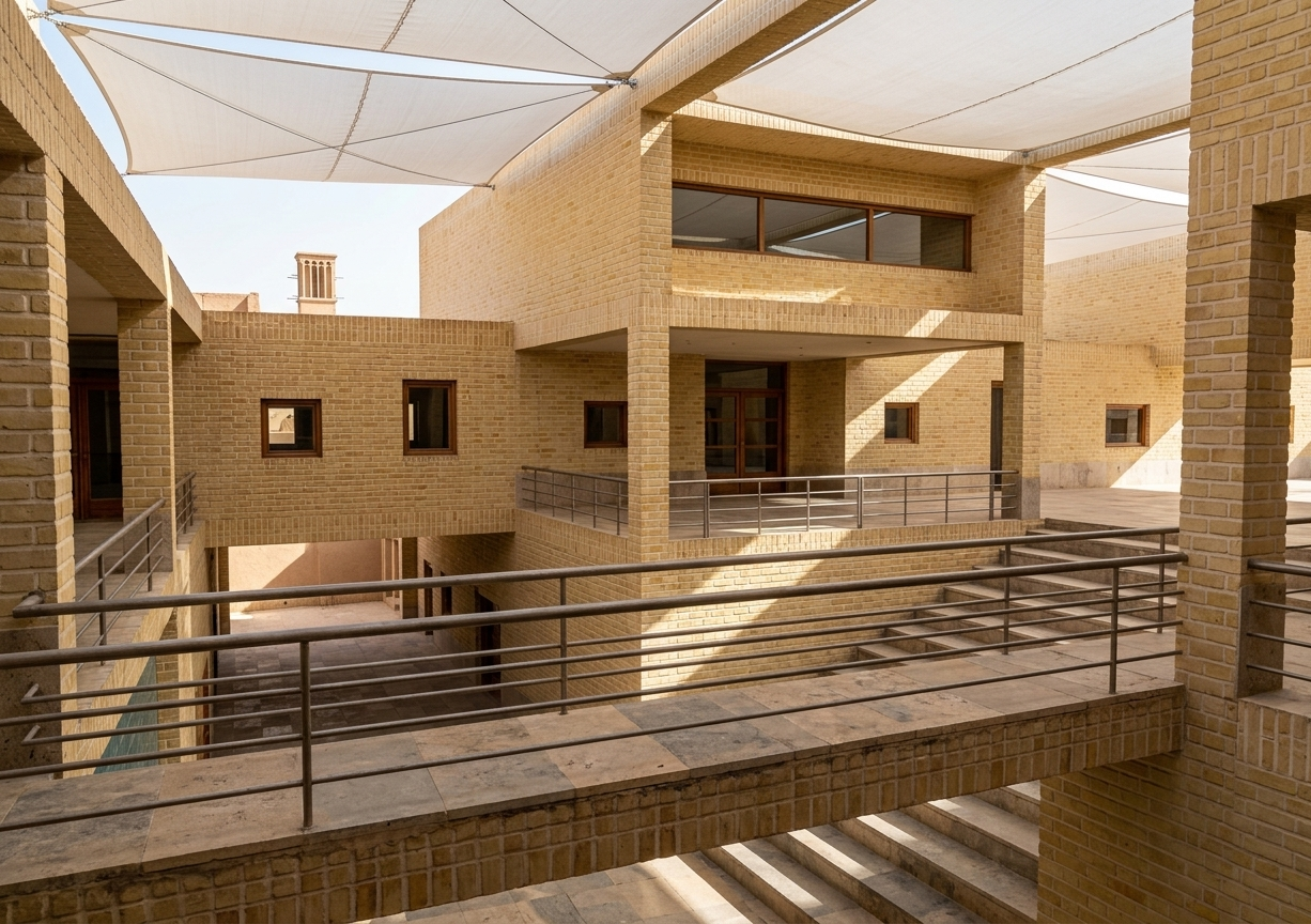 Modern multi-story building with yellow brick exterior, metal railings, interconnected balconies, and shaded walkway areas.