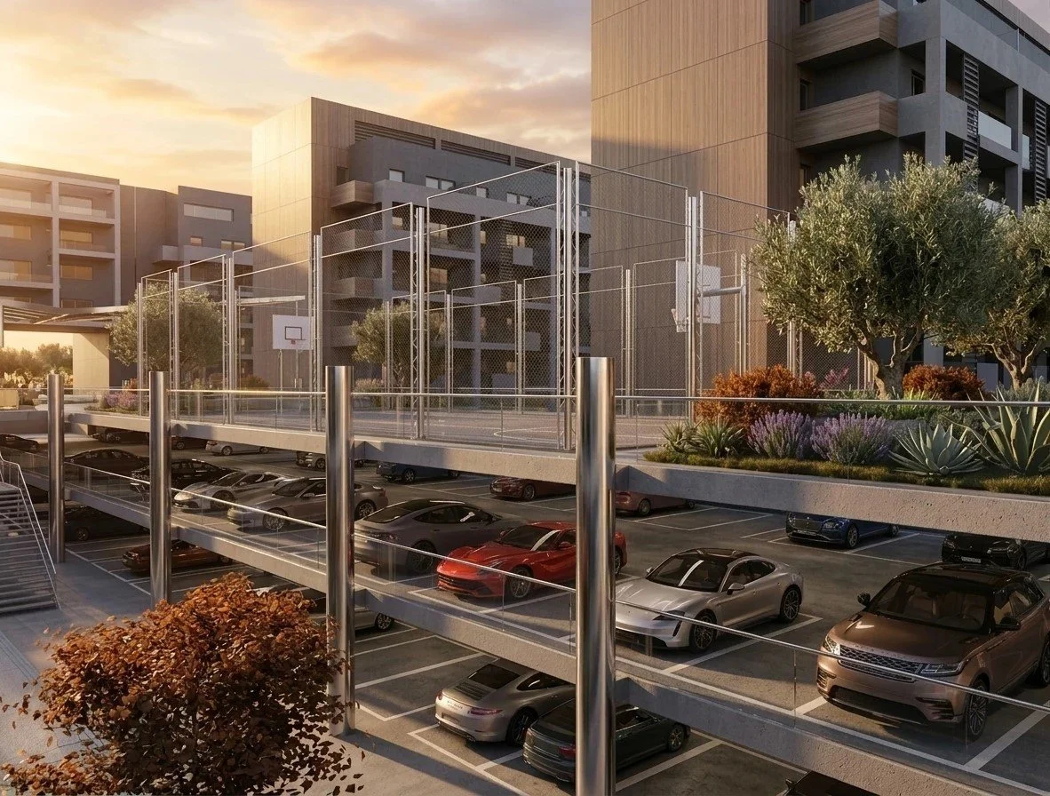 A multi-level parking garage next to modern residential buildings with outdoor basketball courts and landscaped greenery, during sunset.