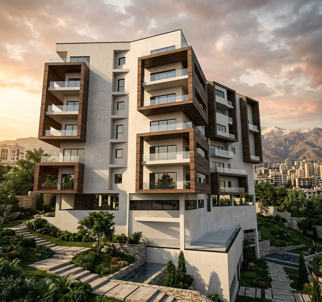 Modern multi-story apartment building with white exterior walls, large glass balconies framed in wood, set against a mountain landscape at sunset.