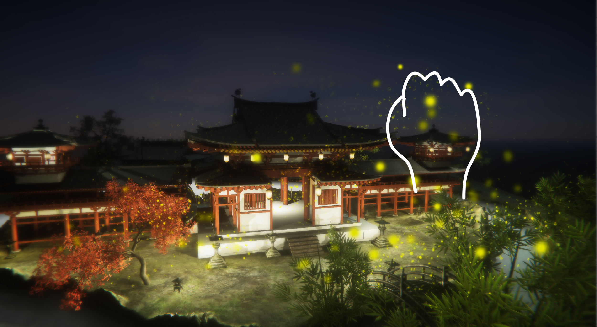 The player catch and drag the fireflies into the stone lantern.