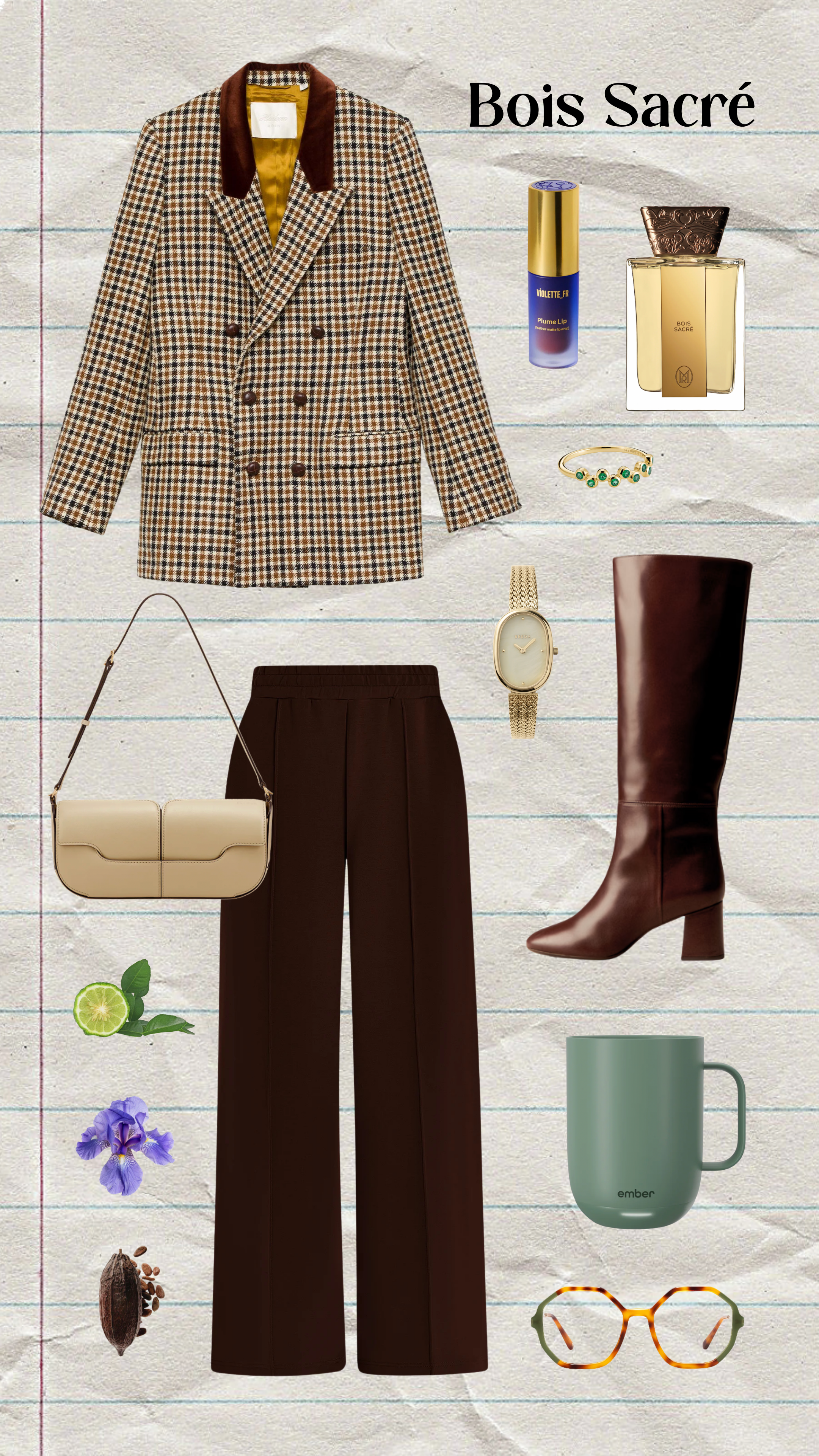 Bois Sacré woody spice perfume styled with brown tailored trousers and plaid blazer