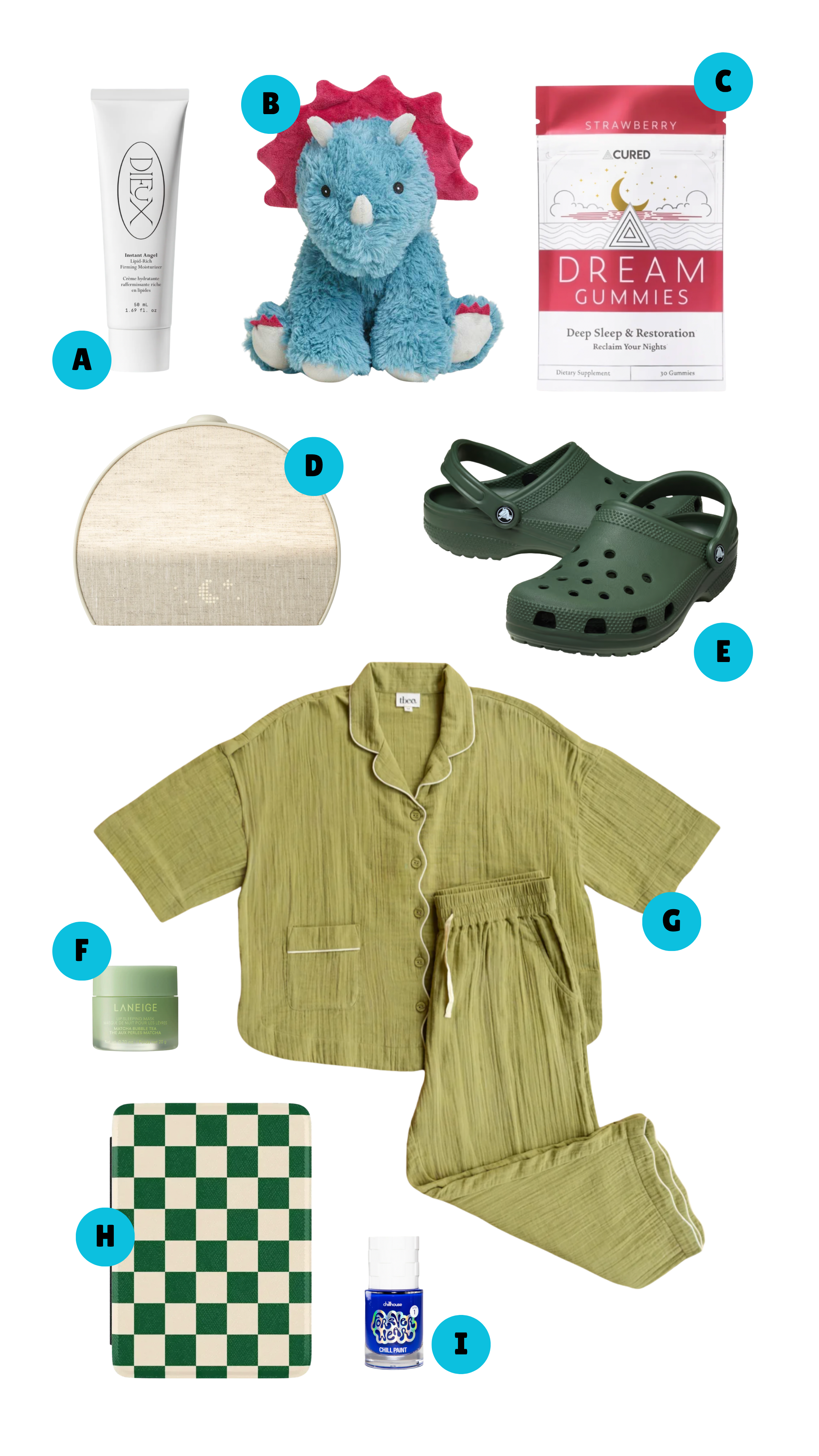 cozy bedtime essentials including pajamas, sleep mask, crocs and nighttime beauty products and sleep gummies.