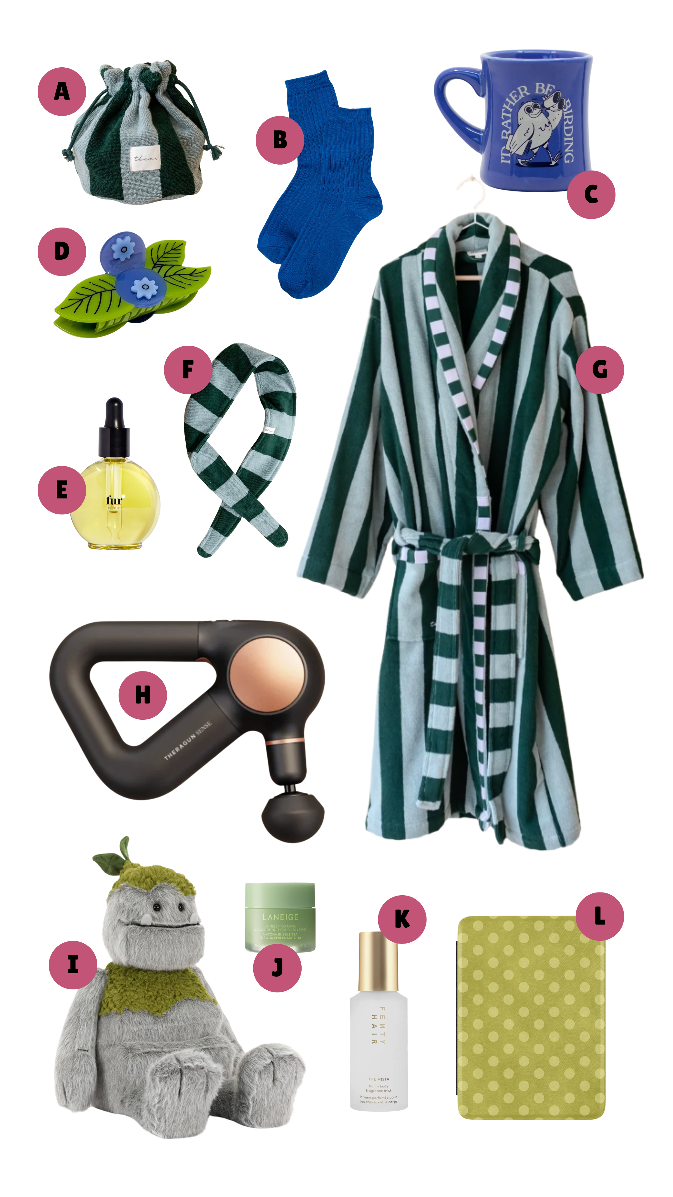 cozy bedtime essentials including matching rob set, body oil, slippers and nighttime beauty products.
