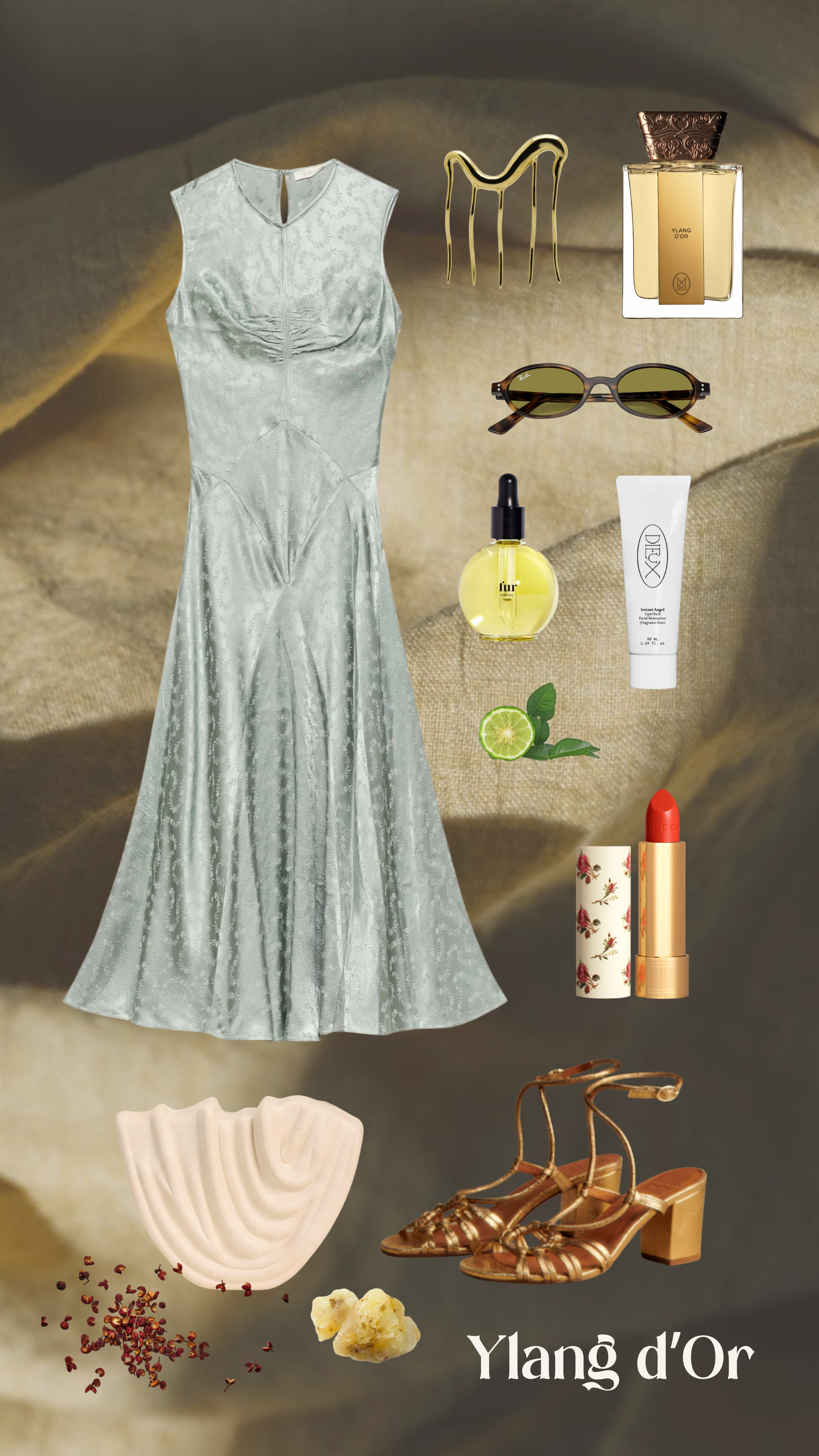 Ylang d’Or fragrance inspired sage green silk dress and gold sandal outfit moodboard