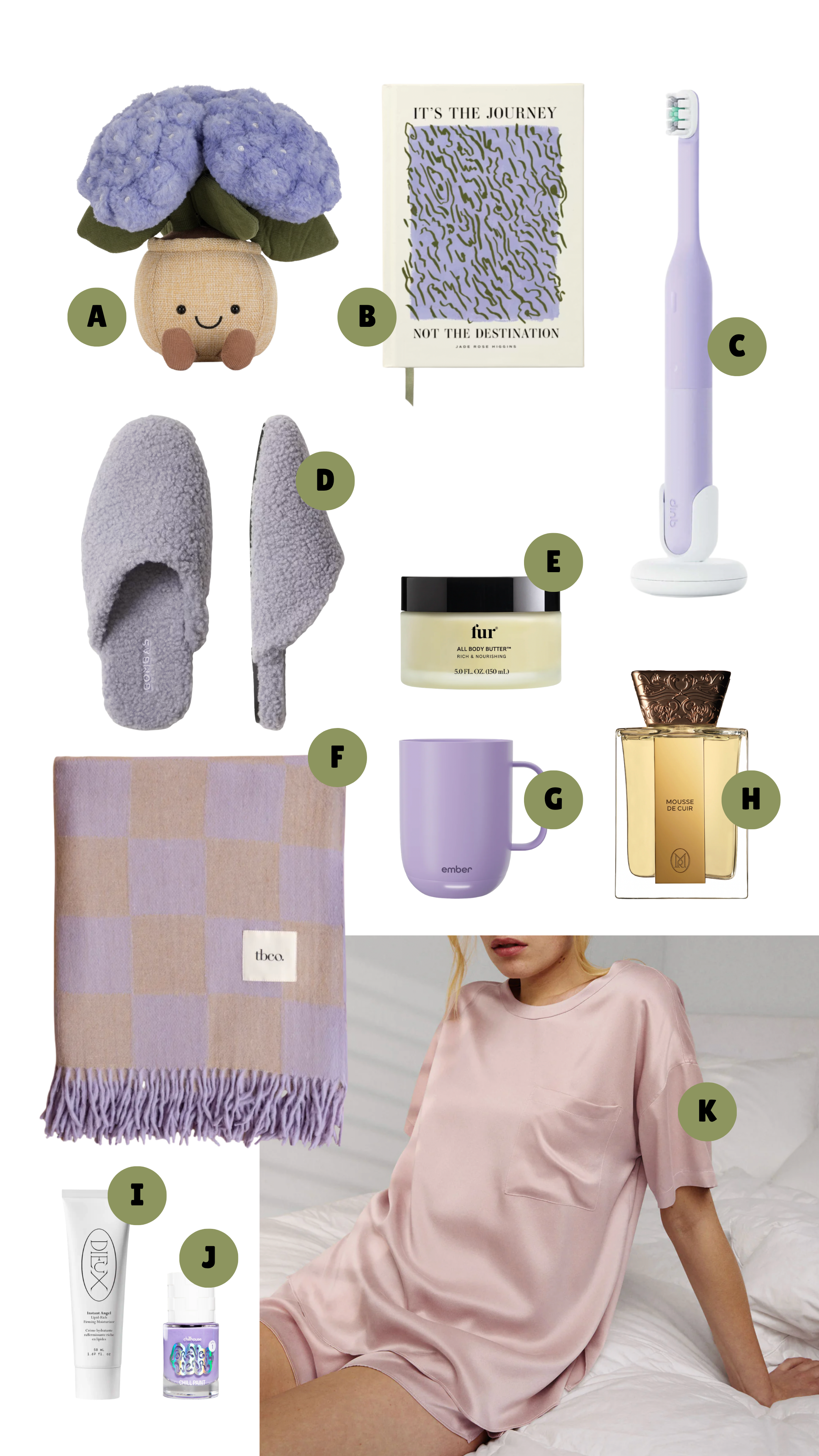 cozy bedtime essentials including pajamas, sleep mask, slippers and nighttime beauty products.