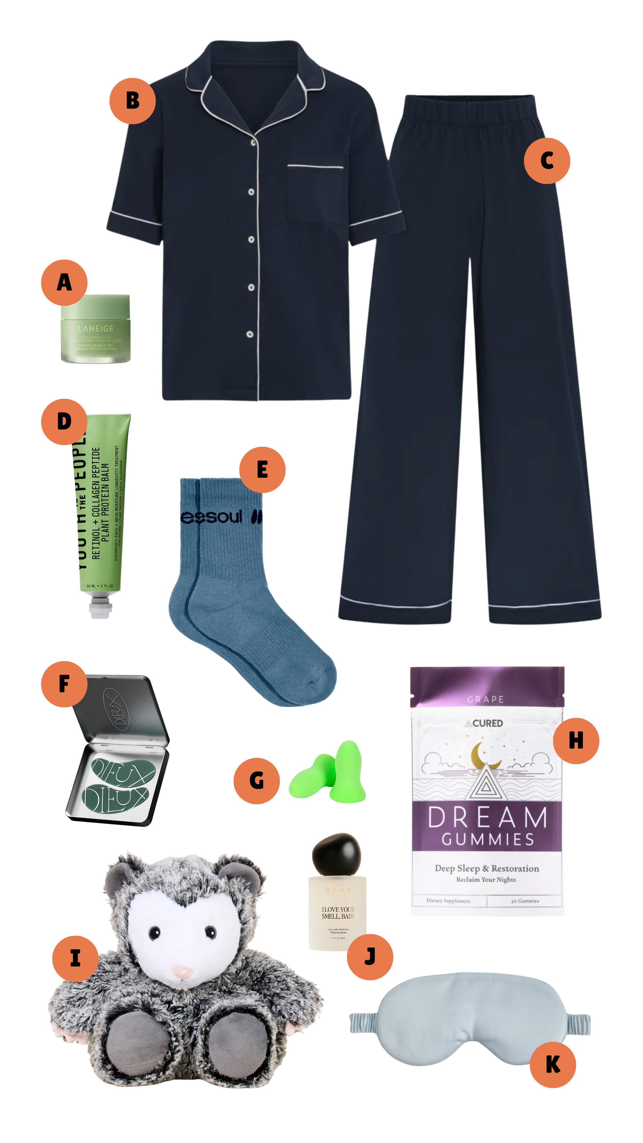 cozy bedtime essentials including pajamas, sleep mask, slippers and nighttime beauty products.