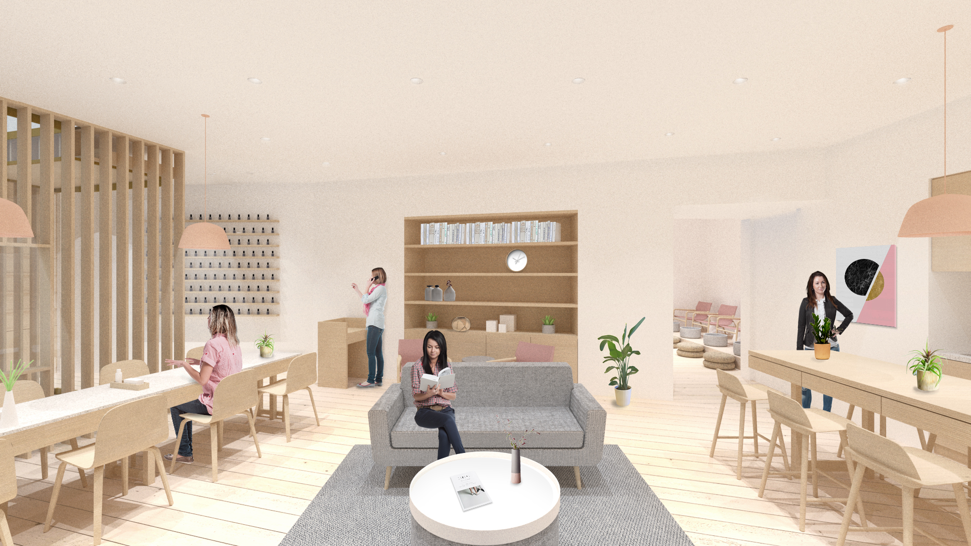 View of the Living Room, combining manicure, lounging, and food-related wellness activities.