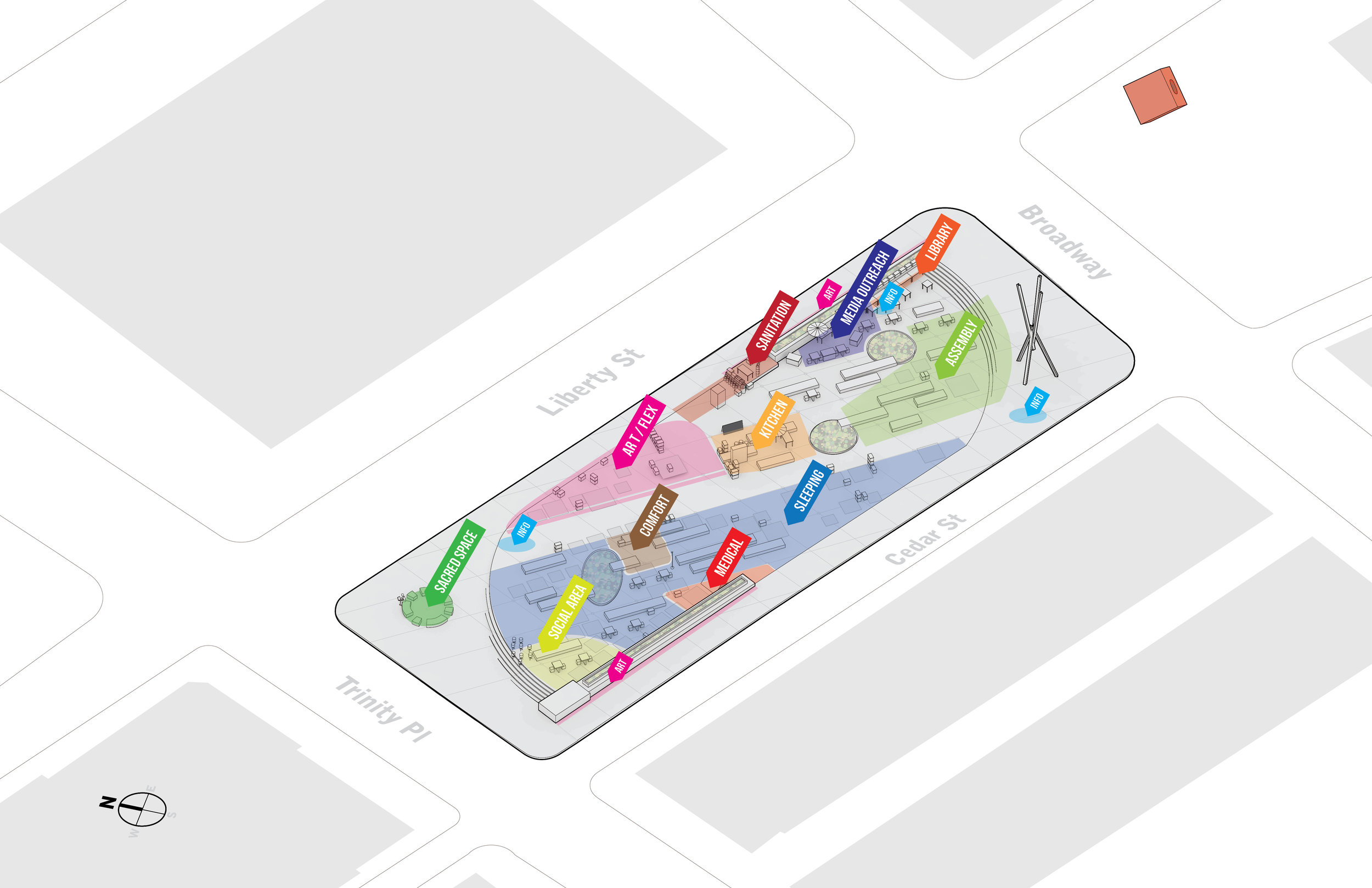 A series of axon drawings unpacked the Occupy Wall Street occupation of Liberty Plaza in Mapping Liberty Plaza.