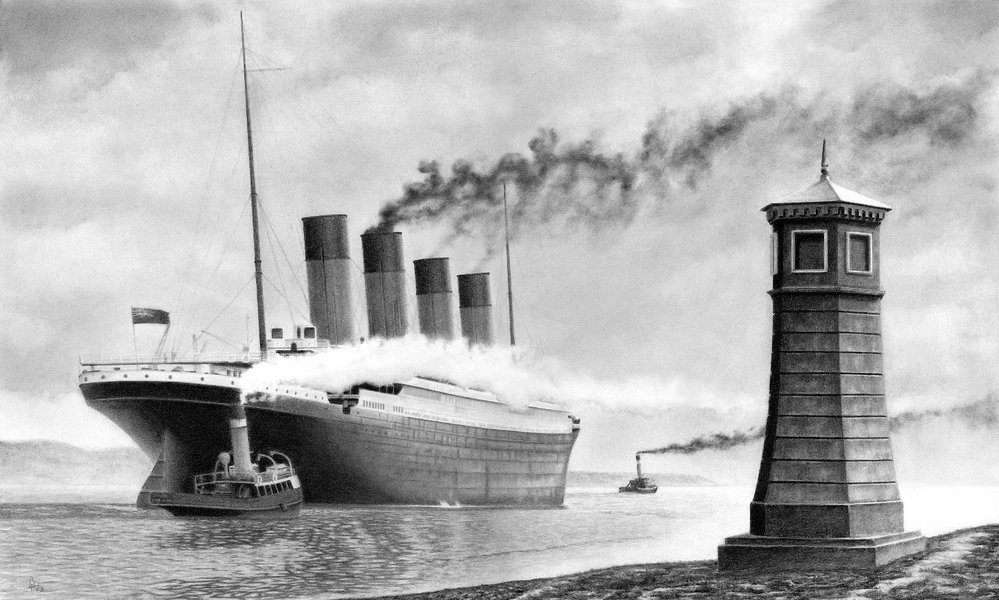 The wreck of the Titanic was discovered 40 years ago today by Dr. Robert Ballard, igniting interest in the disaster to a new generation. This is my pencil drawing of the ship leaving Belfast for her sea trials. It would be the last time her builders 