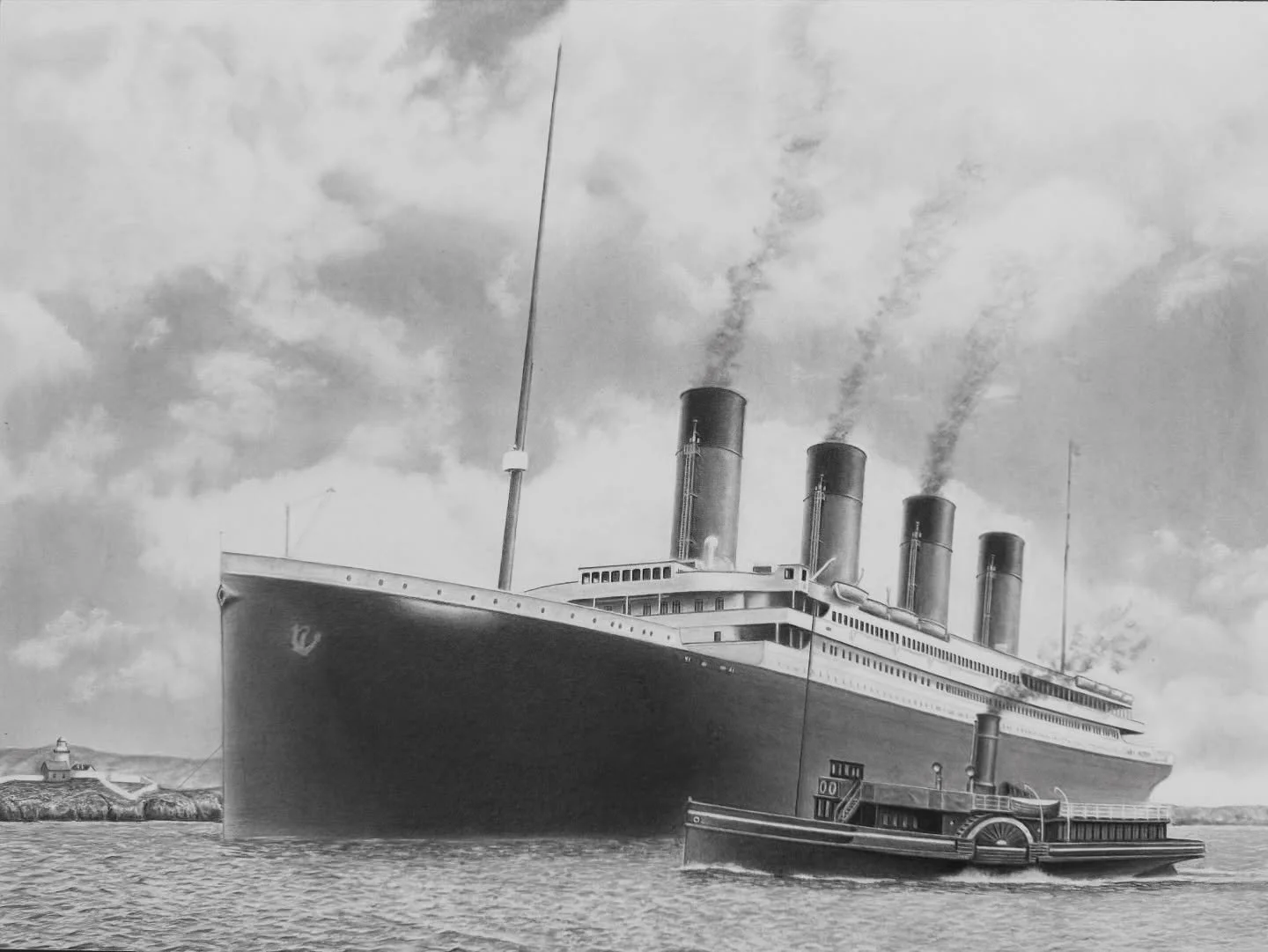 Continuing to refine this drawing of the Titanic and paddle steamer America off the coast of Ireland on April 11, 1912. Still a ways to go but getting there. 

#titanic #drawing #pencil #cobh
