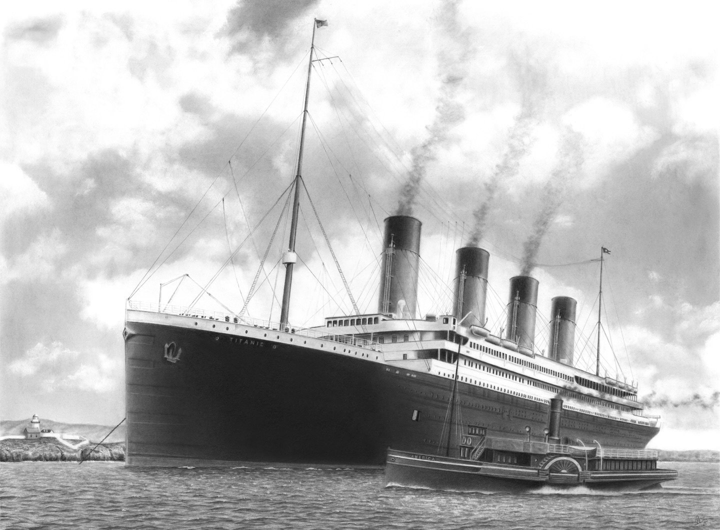 Finally completed this pencil drawing I call &ldquo;The Last Stop.&rdquo; On April 11, 1912, the Titanic anchored off the coast of Queenstown, Ireland, its last stop before entering the open North Atlantic. Known as Cobh today, the paddle steamers Am