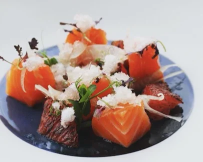 Chef Joseph Fallowfield’s Crazy Gin cured Salmon paired with shaved fennel, torched grapefruit and pink grapefruit granita. (Instagram:@josephfallowfield)