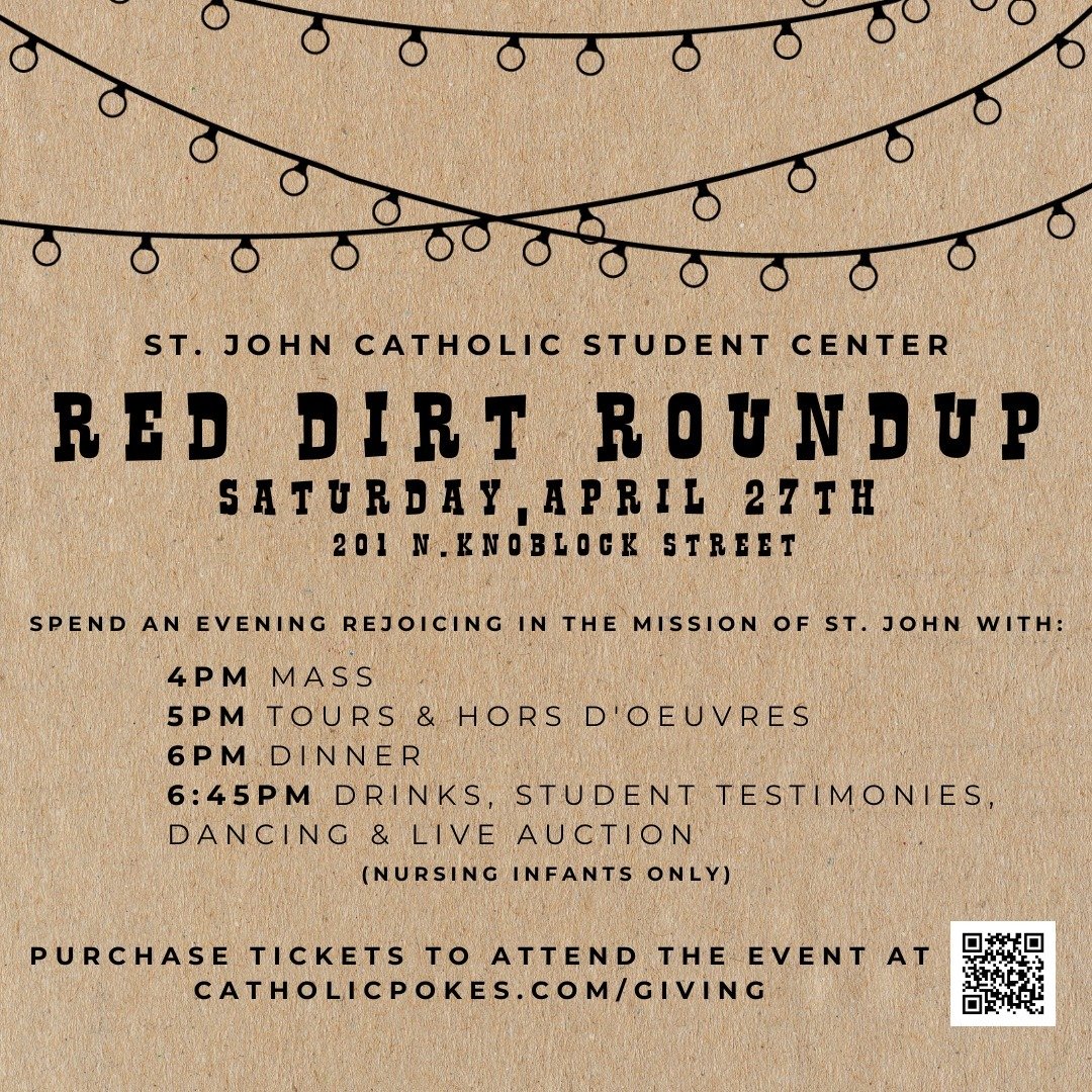 IT'S TOMORROW!!! 

Red Dirt Roundup at @catholicpokes!

Saturday, April 27th
201 N. Knoblock Street
4 pm - 6:45 pm

Purchase tickets at: https://catholicpokes.com/giving