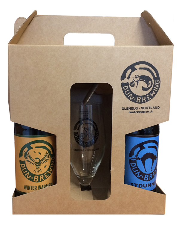 Gift Box with two bottles and either a pint or half pint glass.