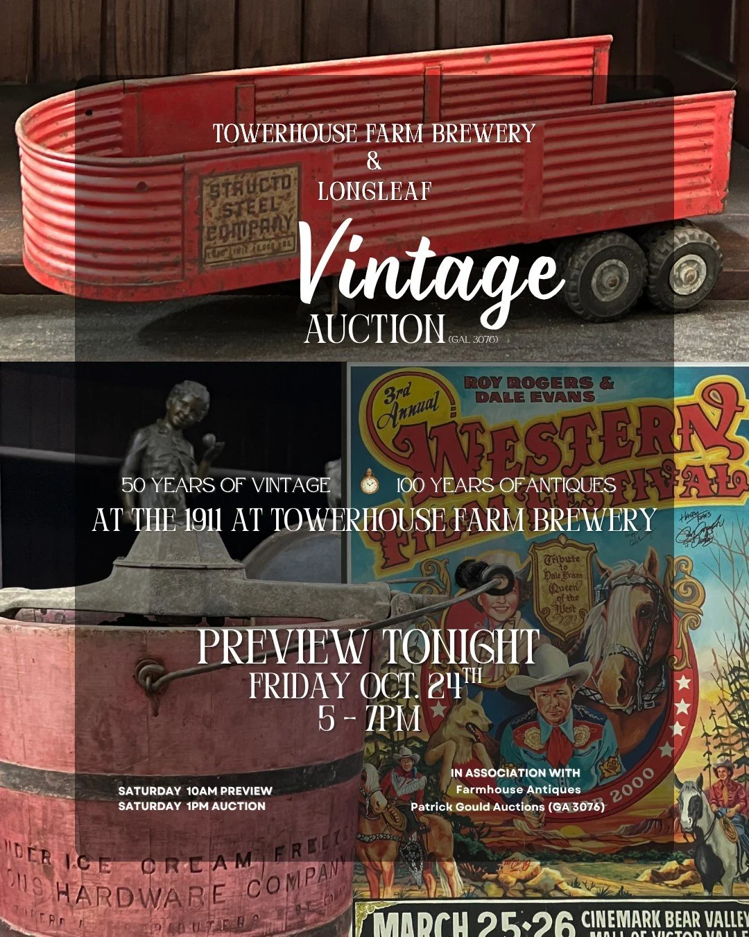 Join us tonight from 5-7pm. to preview auction (GAL 3076)  items available at The Vintage Auction in The 1911 at Towerhouse Farm Brewery! 

The 1911 is located on the street level,  front entrance of the 1911 Building. The original cotton wagon sits 