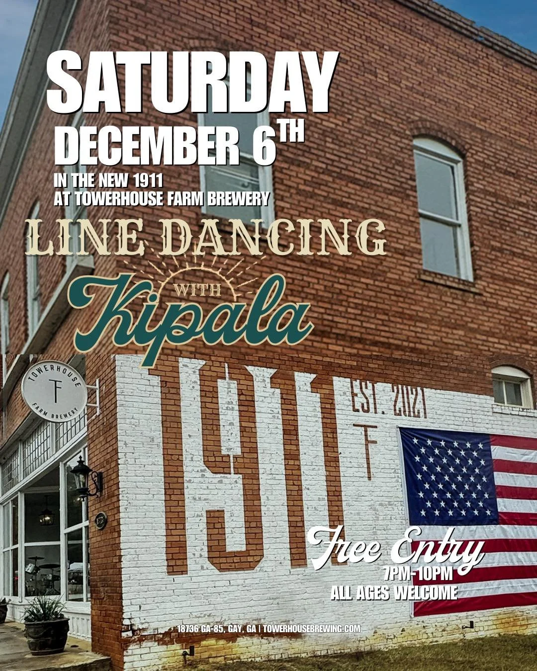 Line Dancing with Kipala returns to Towerhouse Farm Brewery! Come out Saturday night, we&rsquo;re clearing the floor of The 1911 at TFB for everyone to scoot your boots. 

New? No worries, Kipala has you covered! It&rsquo;s fun and entry is free. 
7-