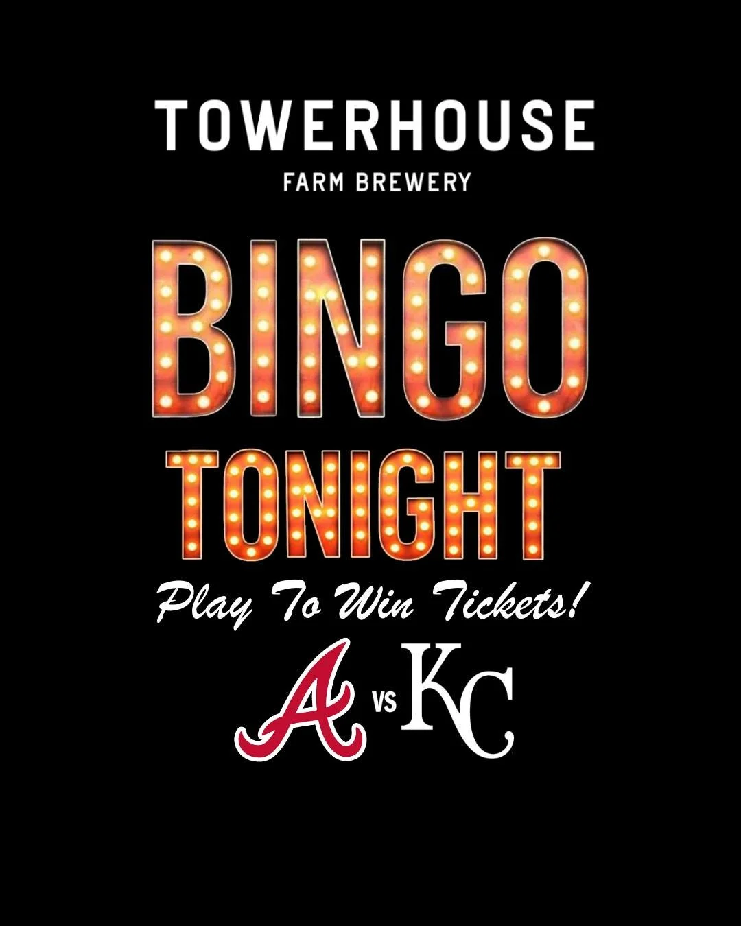 Bingo Tonight! Grand Prize is 2 tickets to The Atlanta Braves vs. Kansas City Royals. Tyler starts calling at 7pm, so be sure to come grab your spot early!