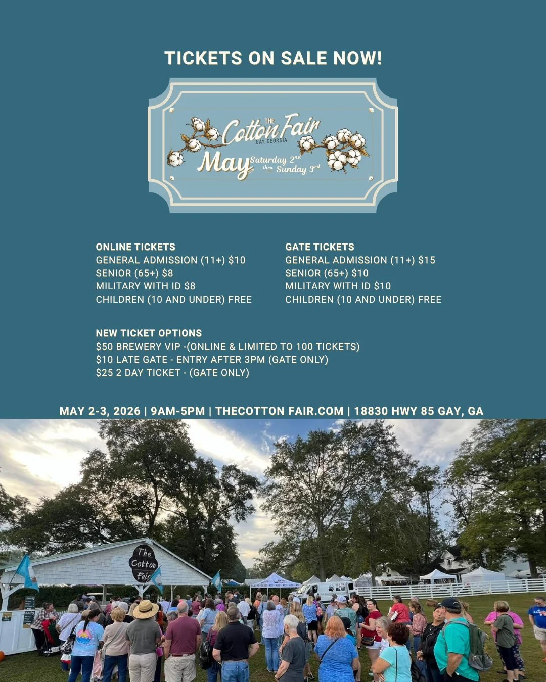 Join us here on the fairgrounds for the Annual Spring Edition of the Historic Cotton Fair! Spend your day strolling the grounds, listening to live music, enjoying incredible food, and making memories with family and friends.

Over 300 selected vendor