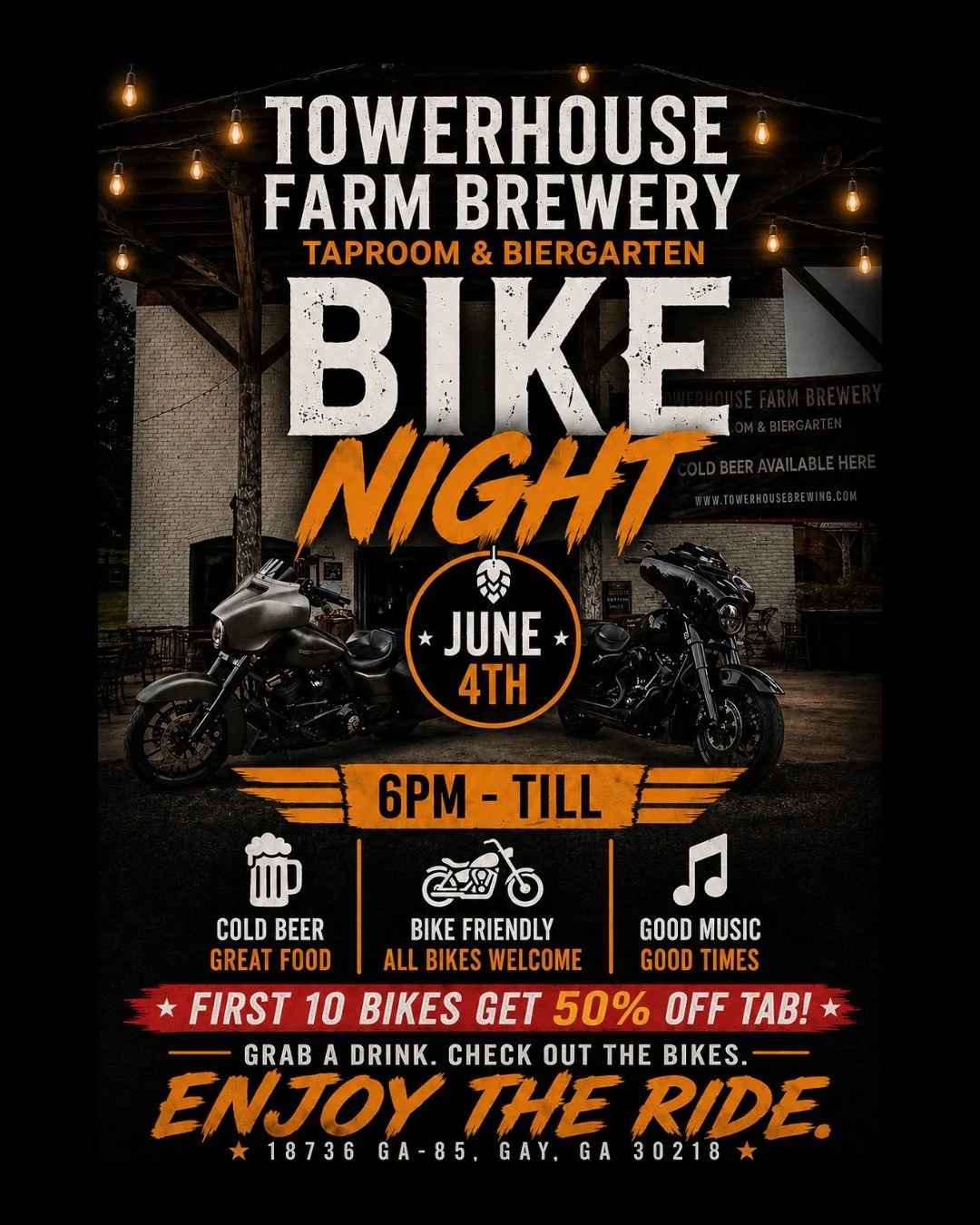 Everyone had such a great time, it's happening again! Bike Night At Towerhouse Farm Brewery June 4th. Drive it, park it and enjoy! 

Bike Night At TFB
Towerhouse Farm Brewery
Gay, Ga.
🔗 In Bio