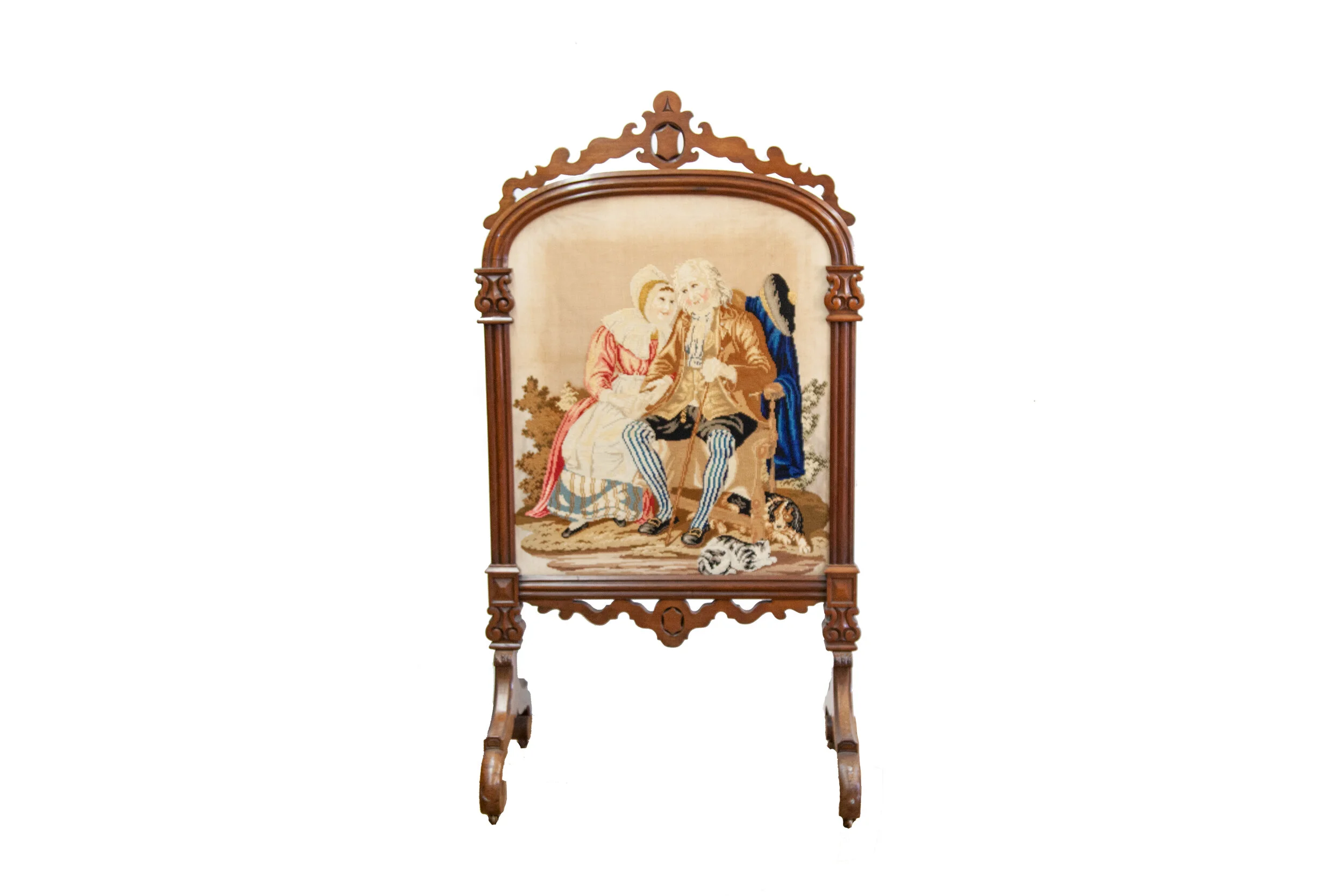 19th Century Carved Needlework Fire Screen