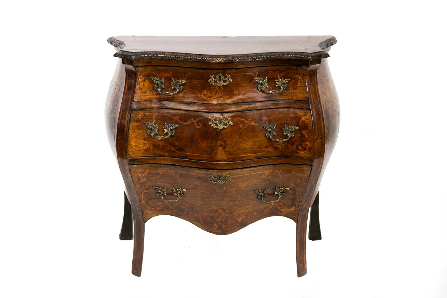 Inlaid French Serpentine Bombe Three-Drawer Chest