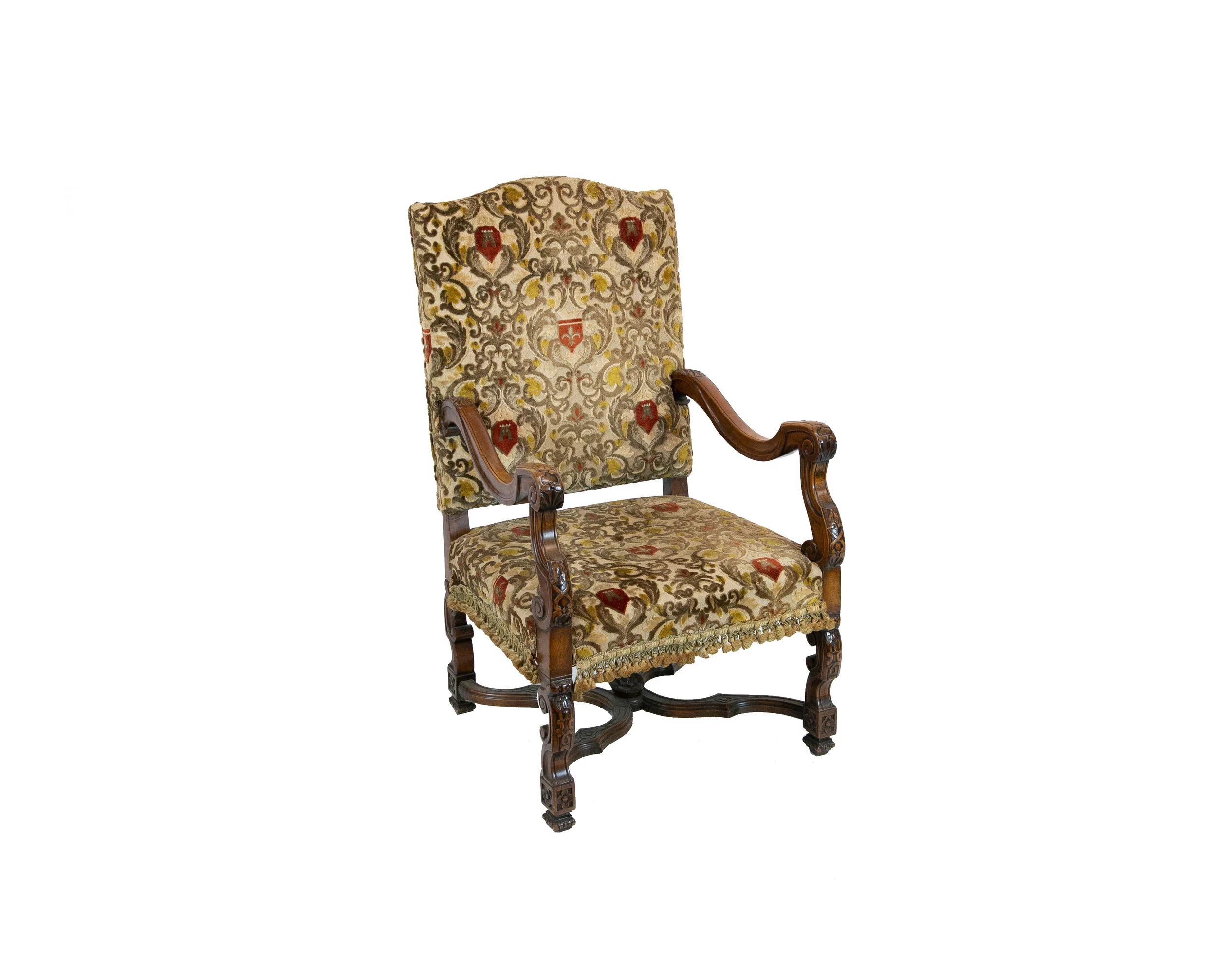 Mahogany English Carved Walnut Upholstered Crewel Work Armchair