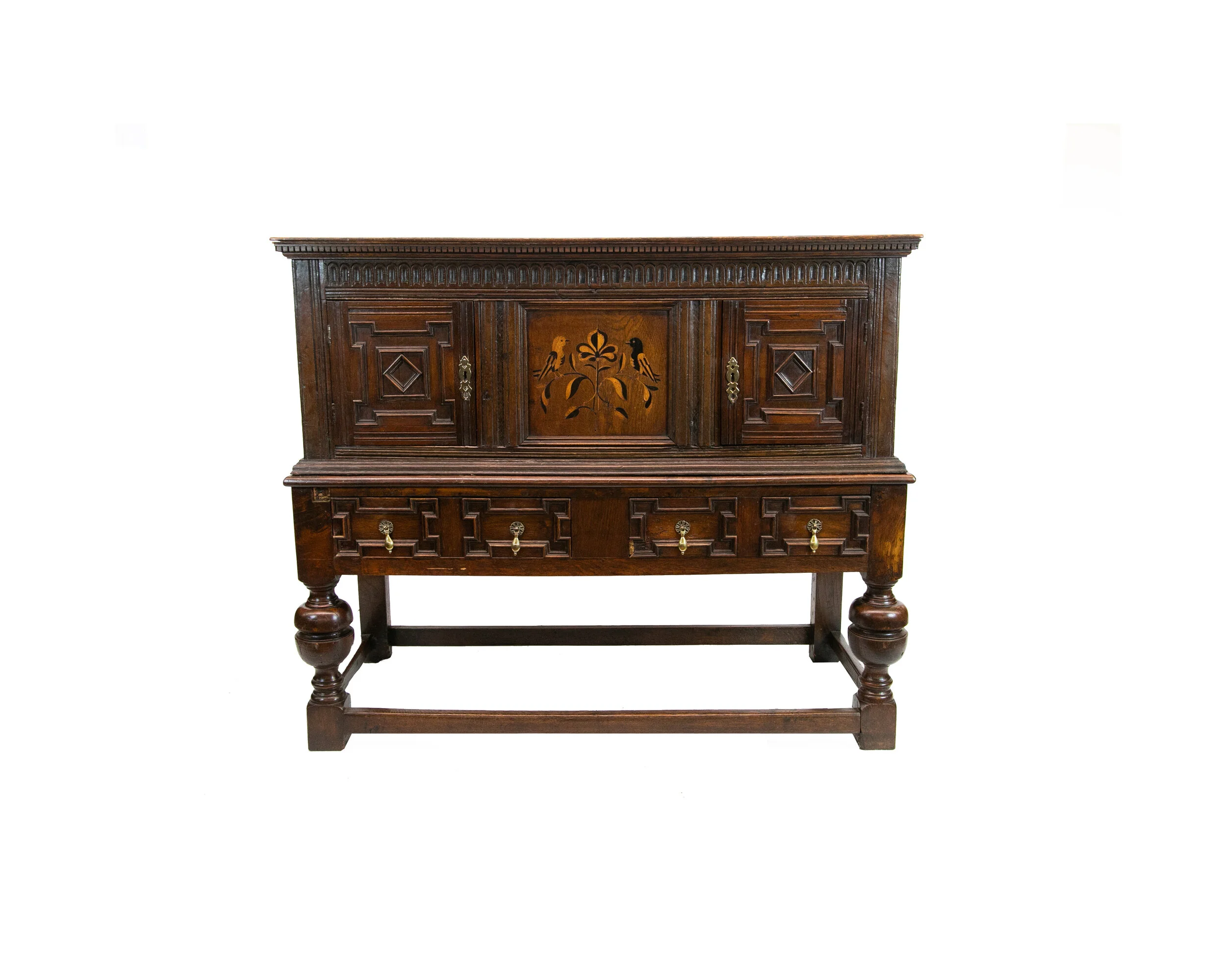 Inlaid Geometric Jacobean Style Court Cupboard