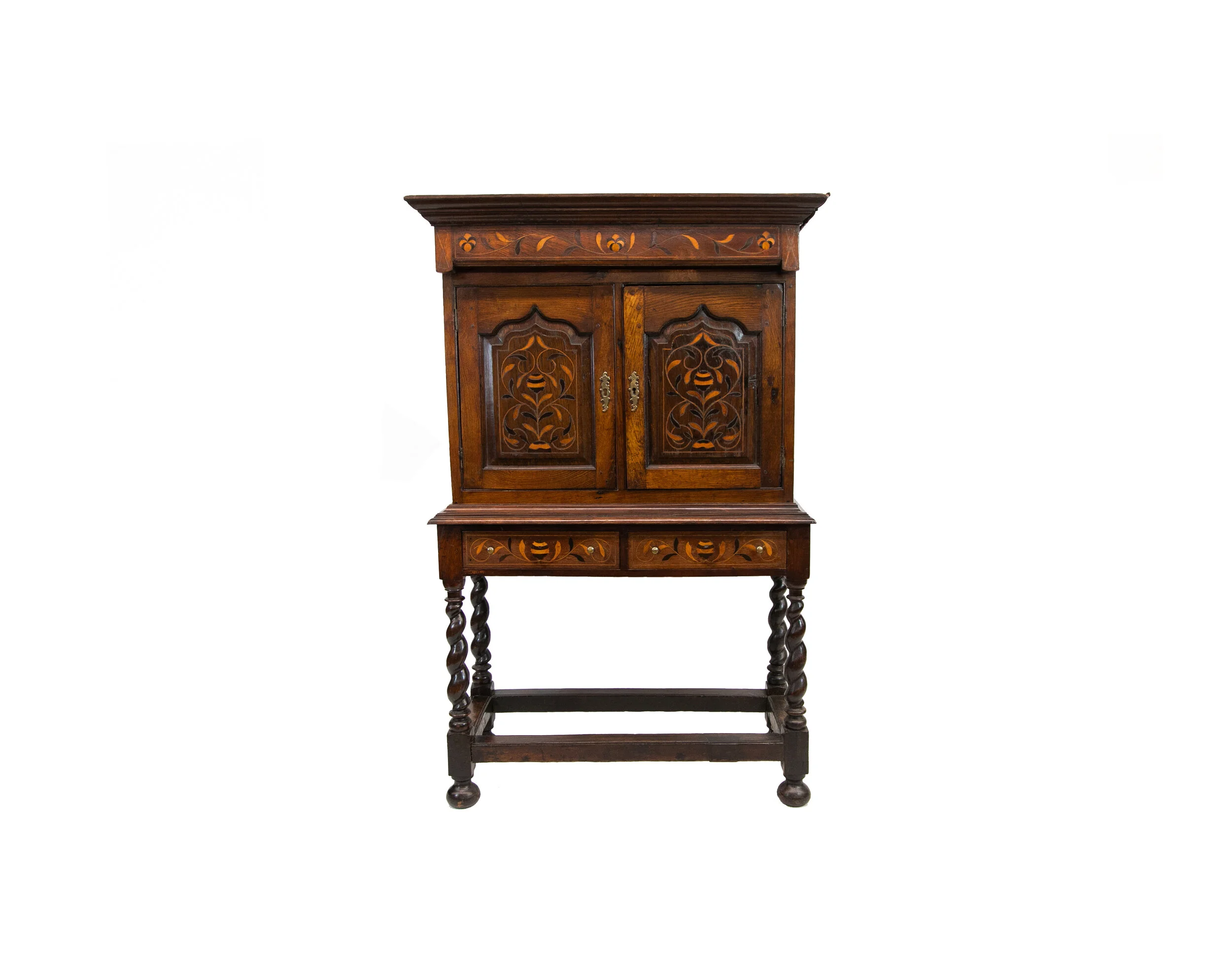Jacobean Inlaid Barley Twist Court Cupboard