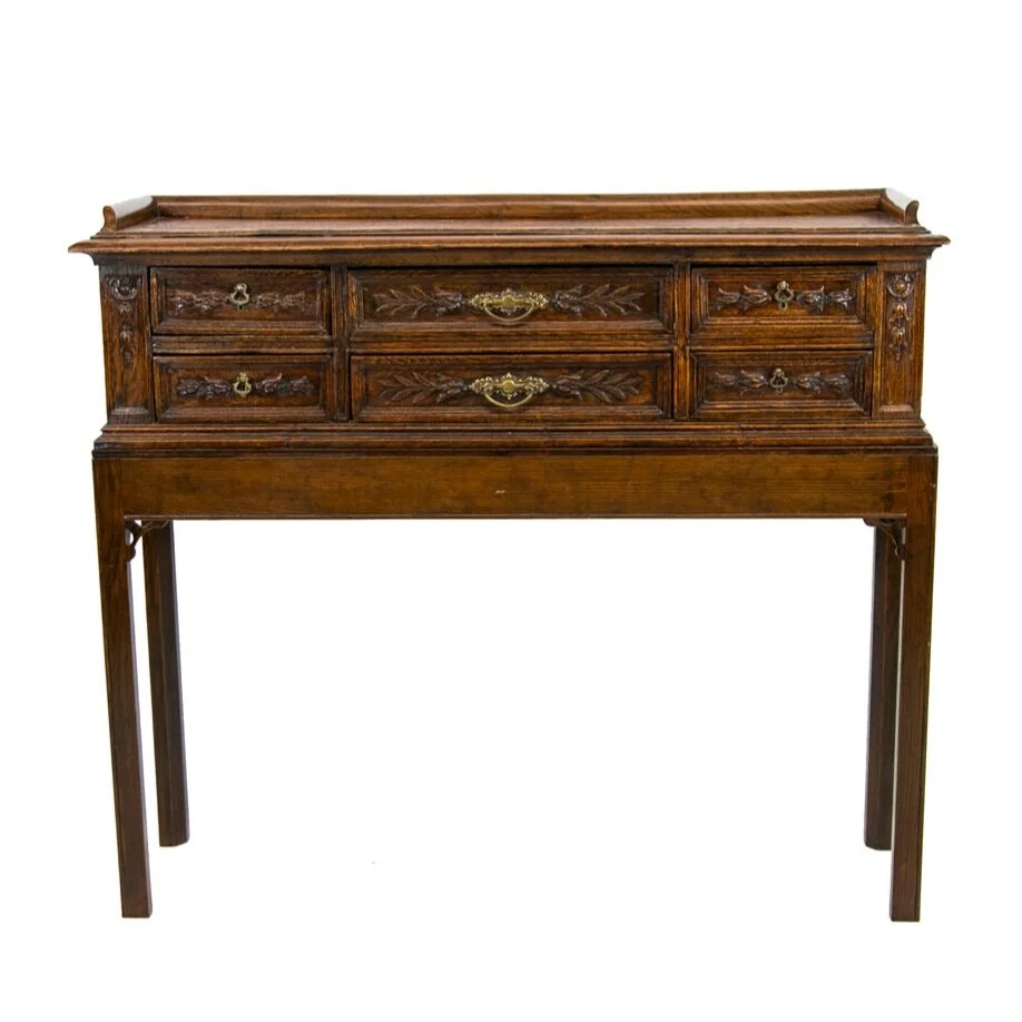English Six-Drawer Carved Oak Console