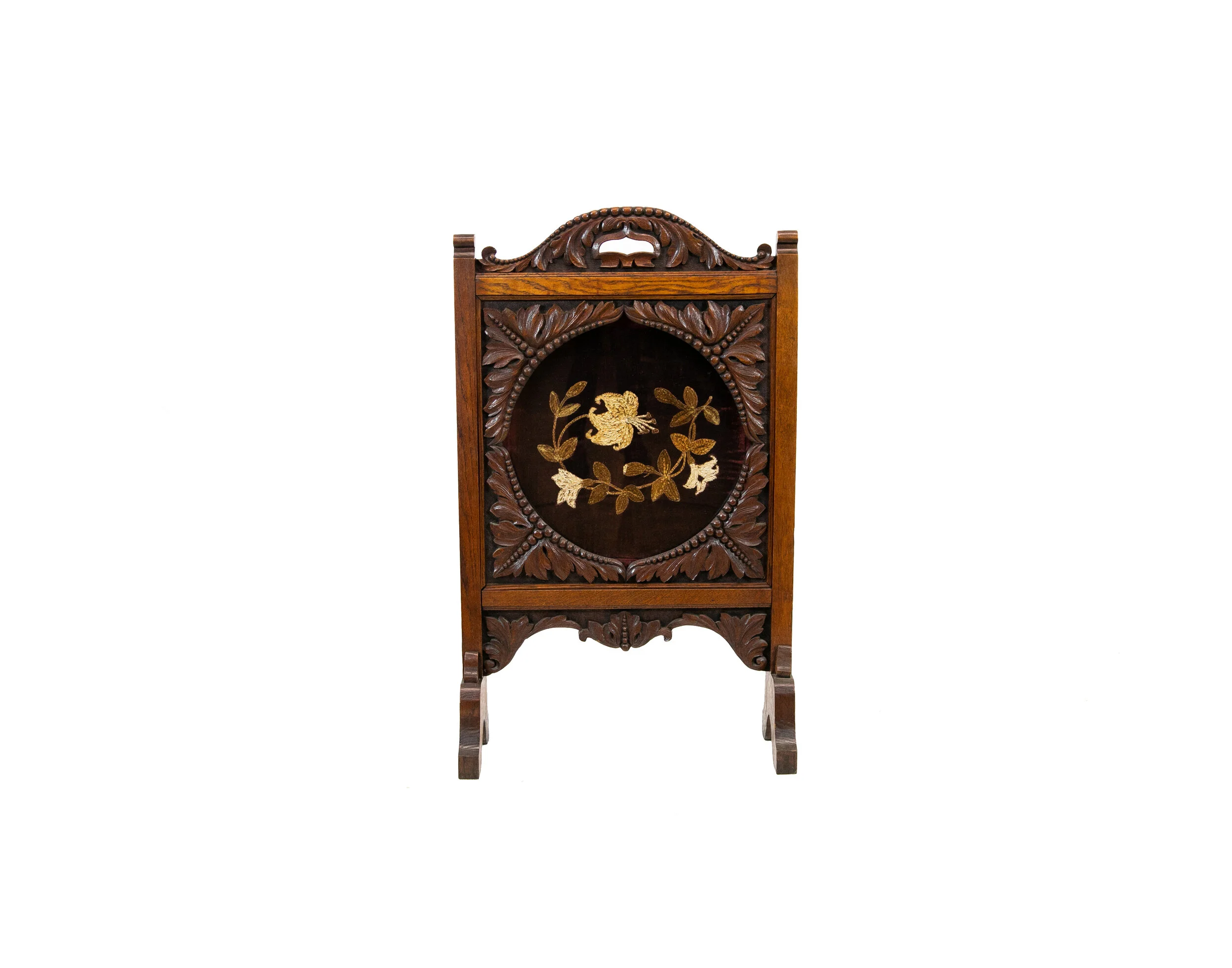 Carved Oak English Crewel Work Fire Screen