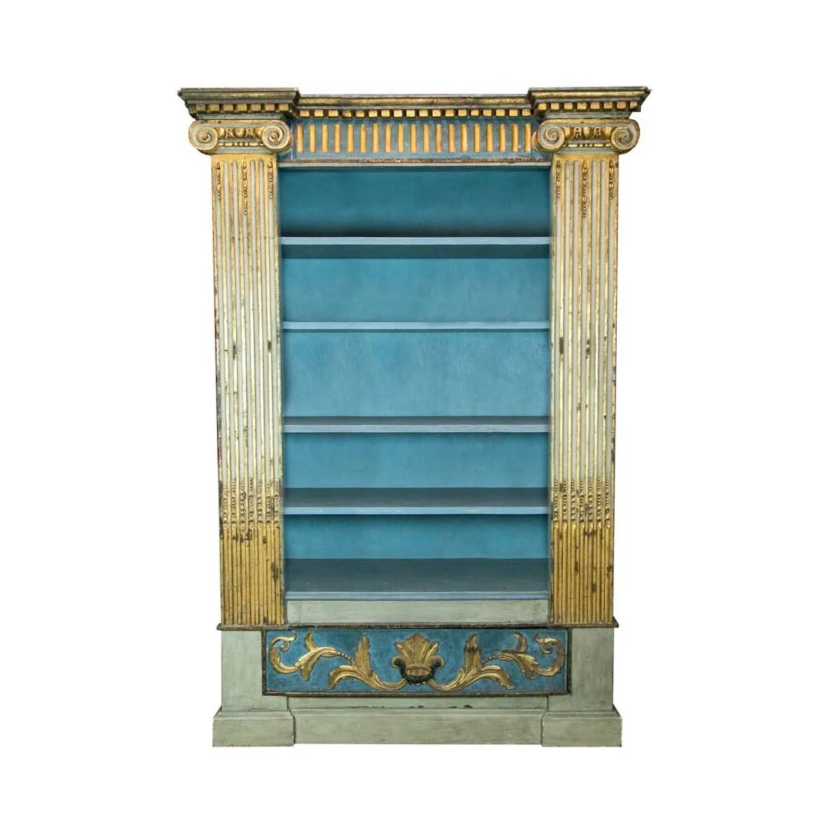 English Painted and Gilt Open Architectural Bookcase