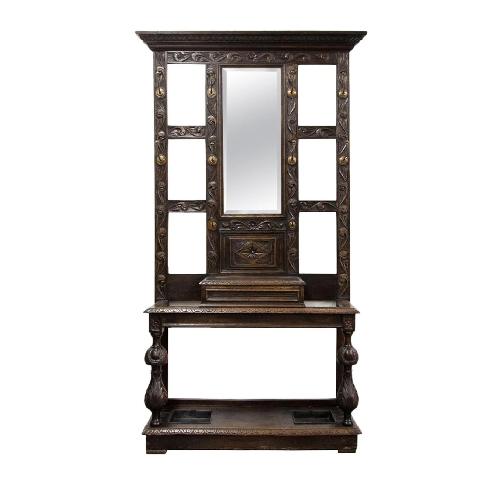 Carved English Beveled Glass Hall Tree