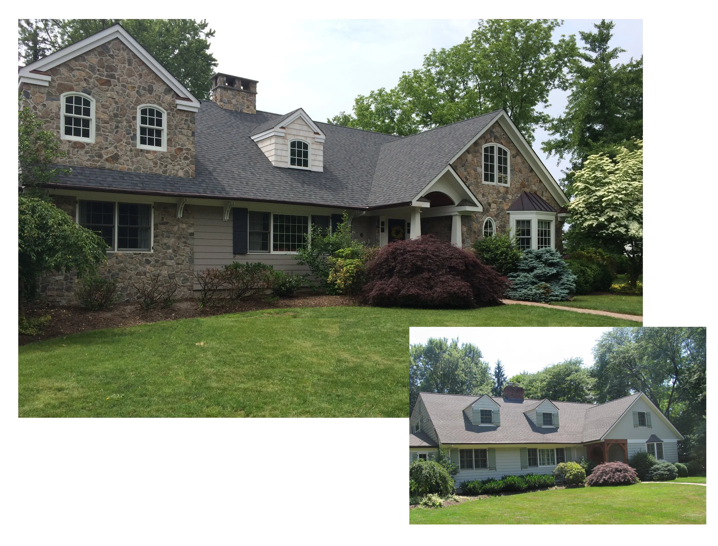  Before and after of facade/style transformation. Addition at second floor , redefine aesthetic at entry and material changes update this 1950’s cape style residence.  