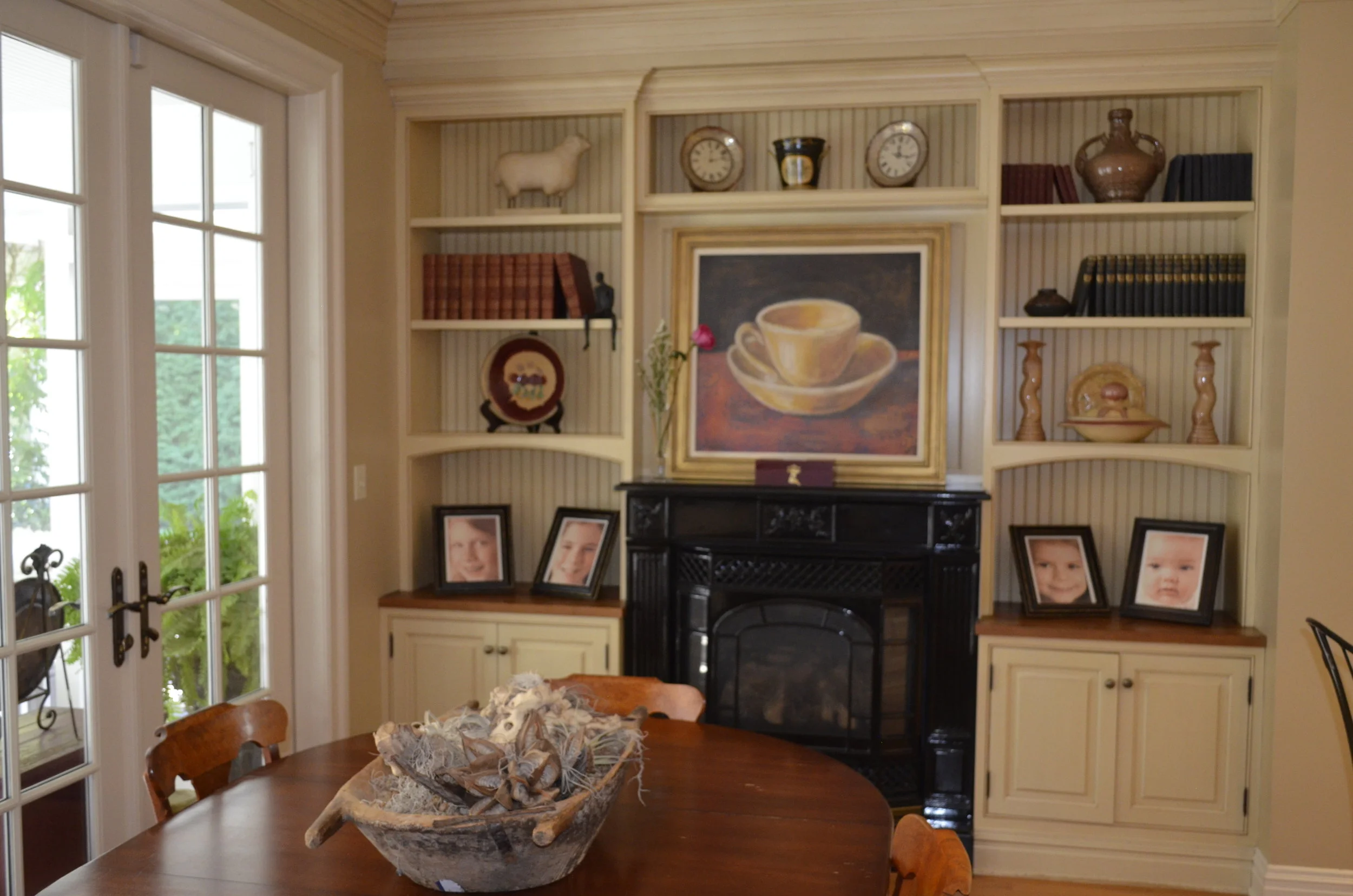  Breakfast room addition with new gas fireplace and flanking cabinetry. (with Chuck Bischoff cabinetry) 