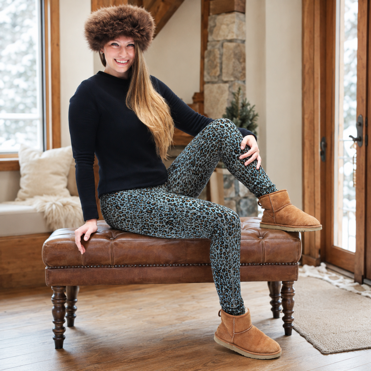 WWA Leopard Print Fleece Lined Polar Stretch High Waisted Leggings